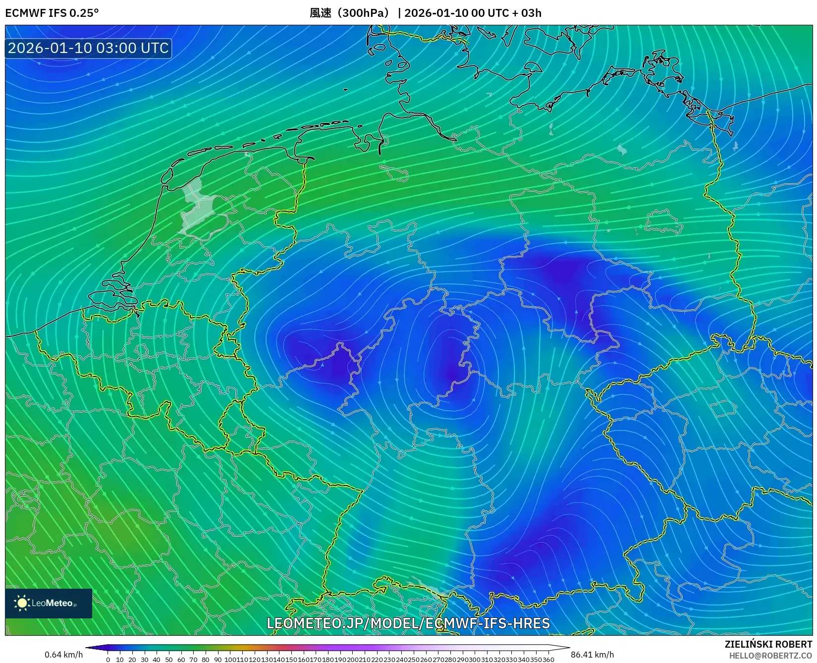 ECMWF IFS 0.25° model - ドイツ, 風速（300hPa）