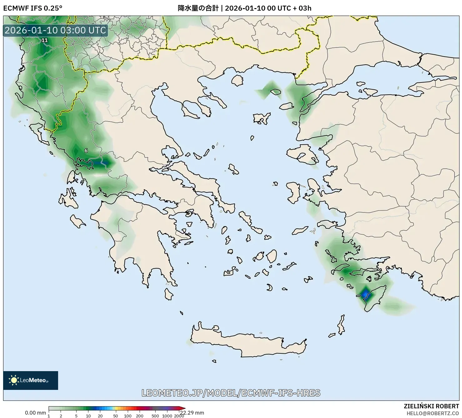 ECMWF IFS 0.25° model - ギリシャ, 降水量の合計