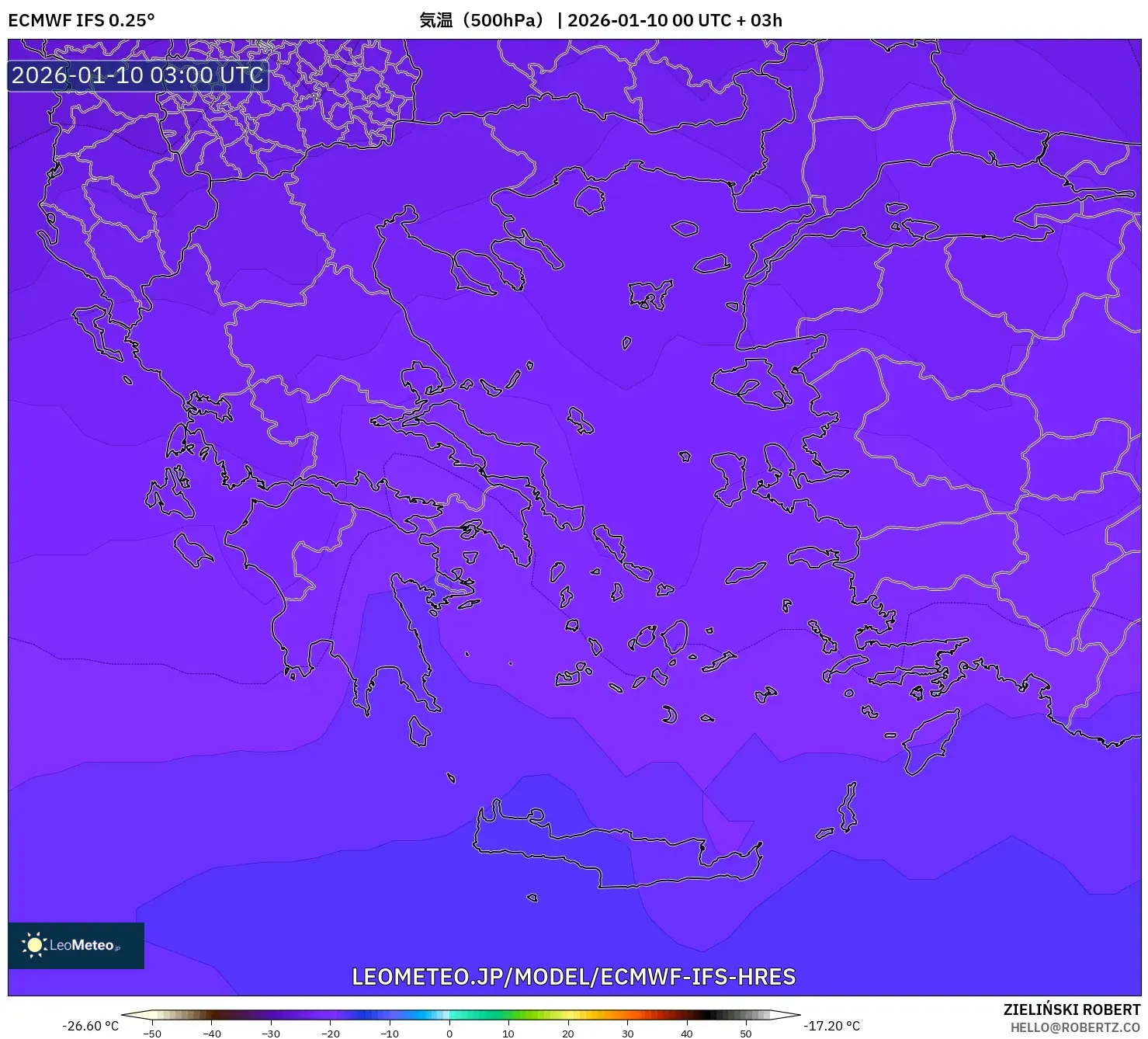 ECMWF IFS 0.25° model - ギリシャ, 気温（500hPa）