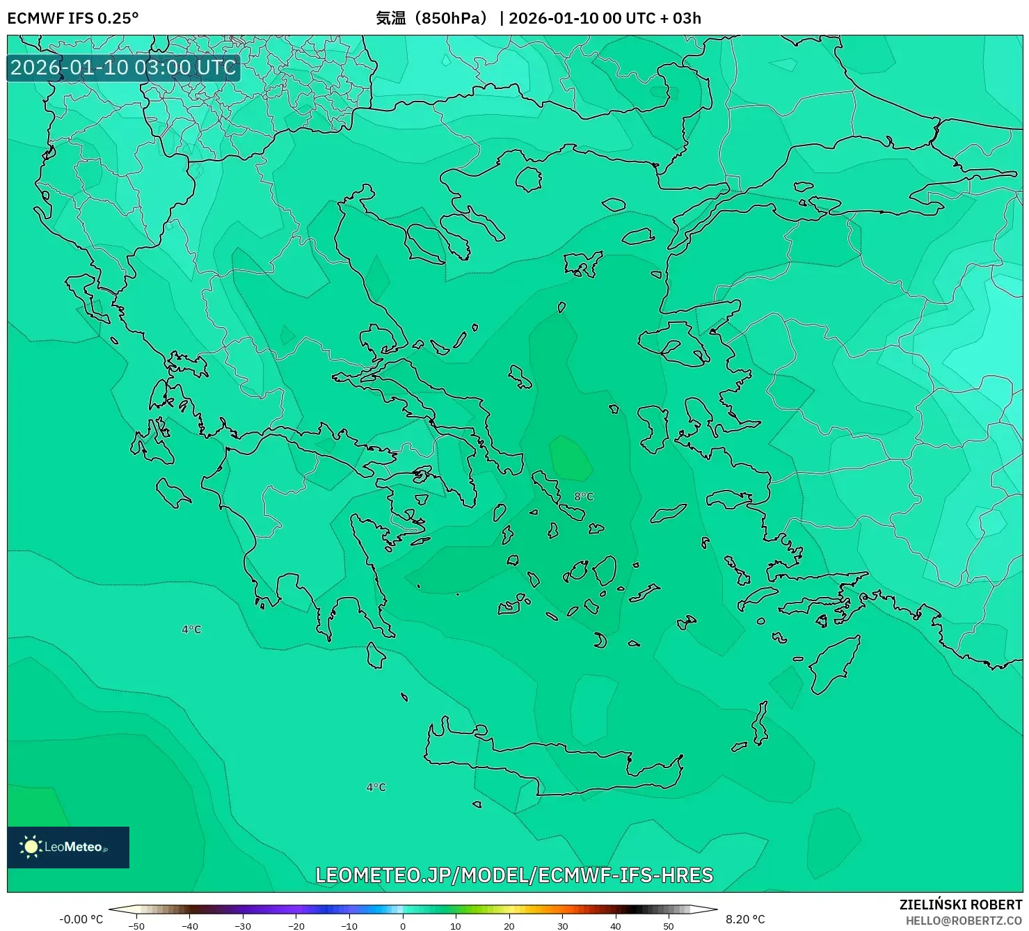 ECMWF IFS 0.25° model - ギリシャ, 気温（850hPa）