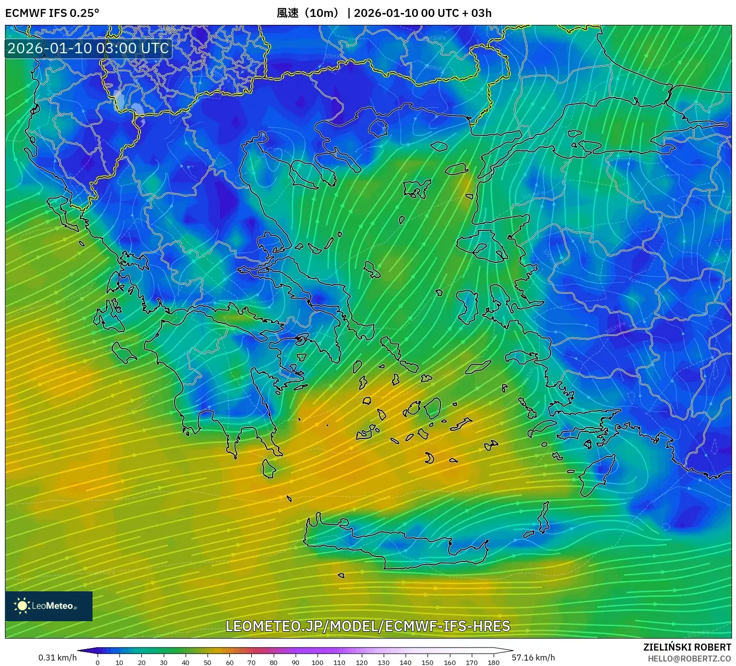 ECMWF IFS 0.25° model - ギリシャ, 風速（10m）