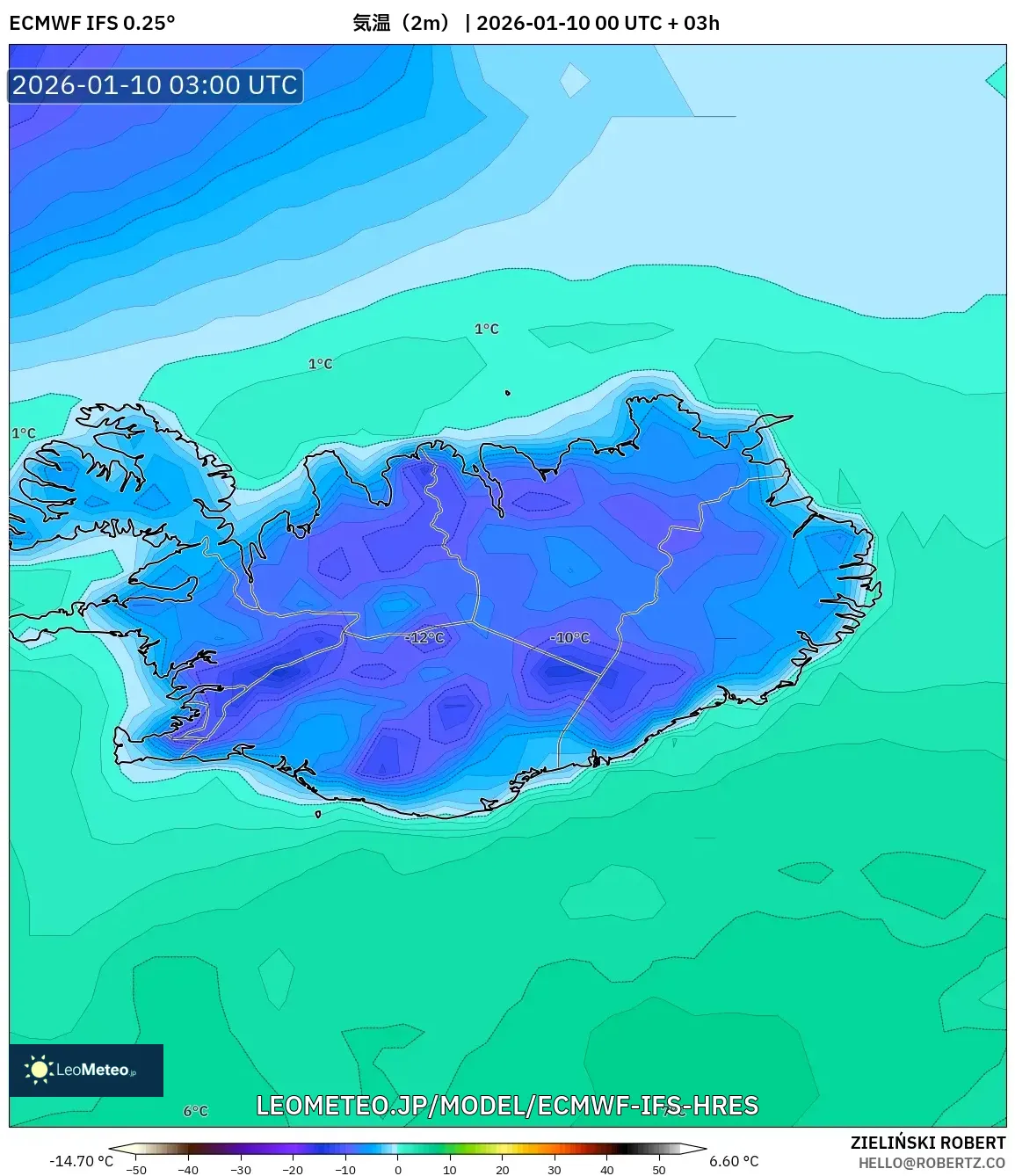 ECMWF IFS 0.25° model - アイスランド, 気温（2m）
