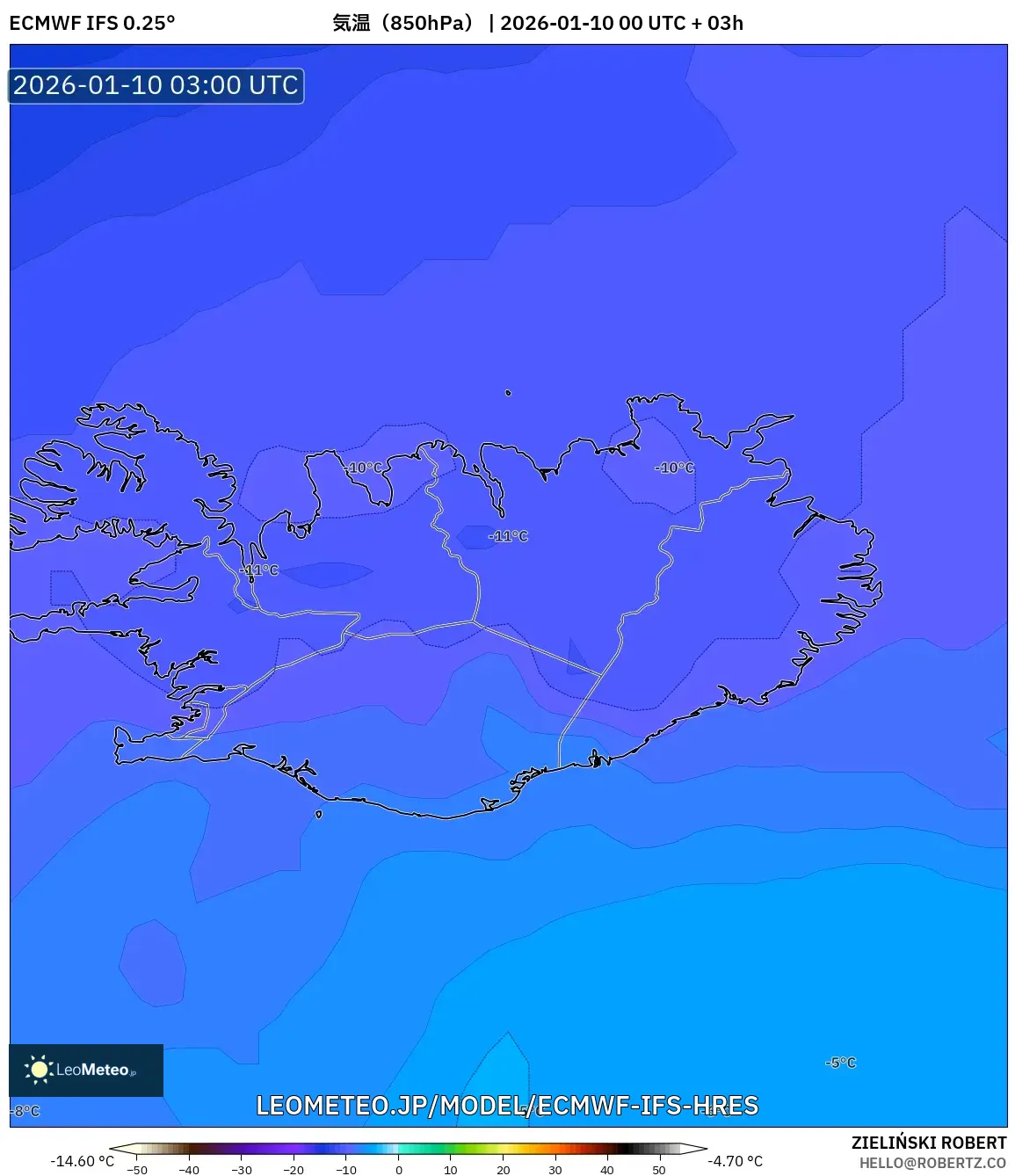ECMWF IFS 0.25° model - アイスランド, 気温（850hPa）