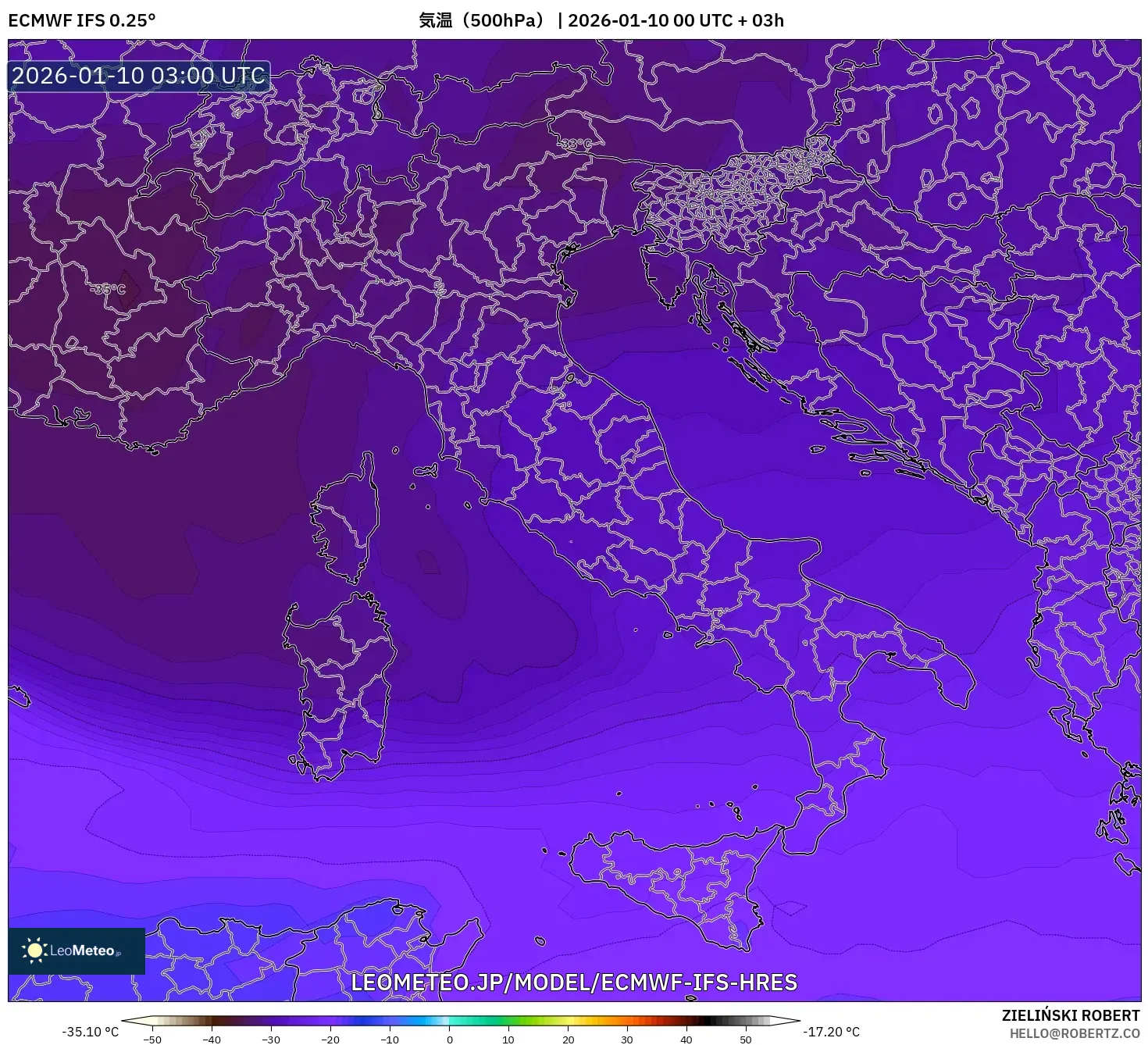 ECMWF IFS 0.25° model - イタリア, 気温（500hPa）