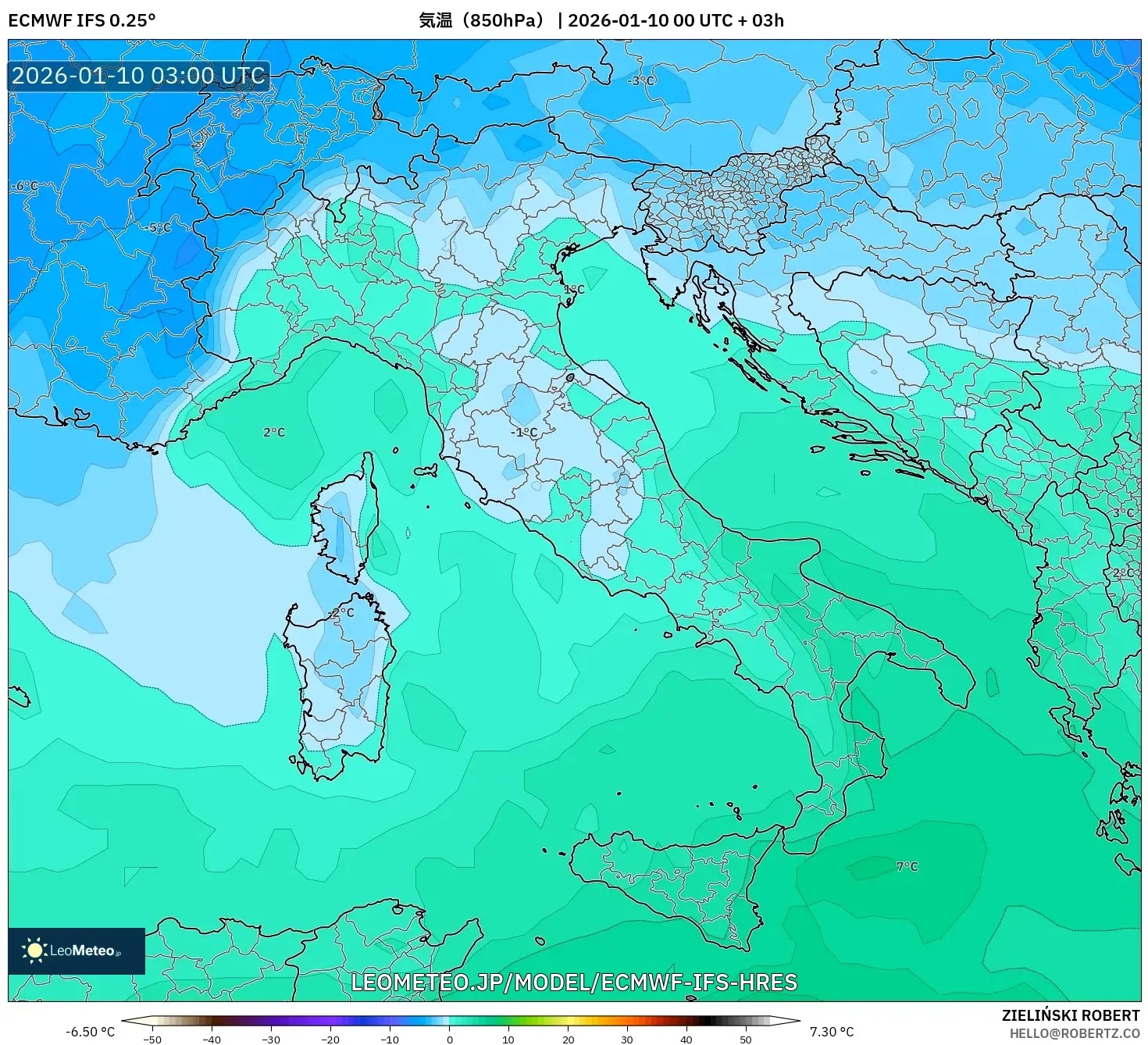 ECMWF IFS 0.25° model - イタリア, 気温（850hPa）