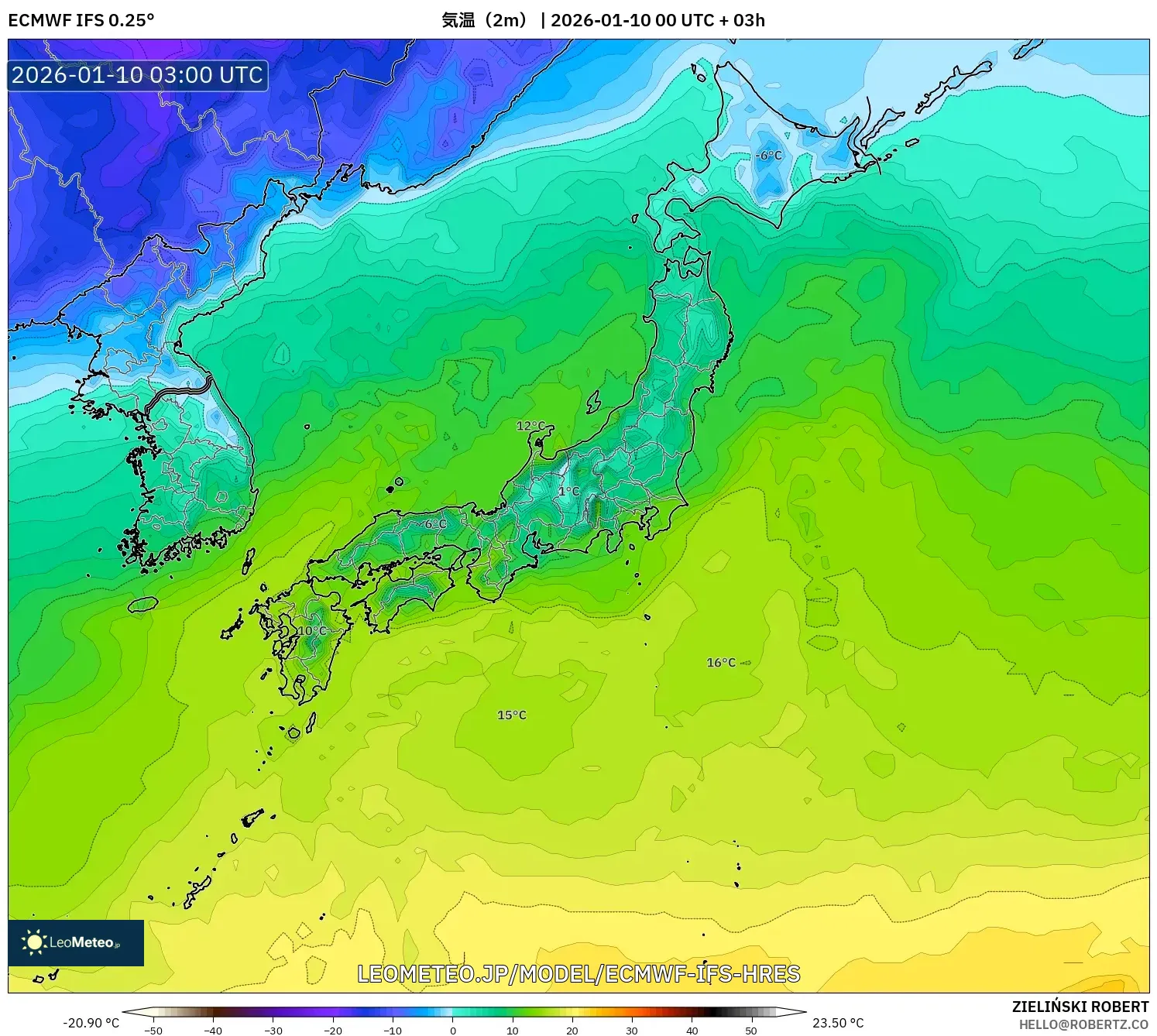 ECMWF IFS 0.25° model - 日本, 気温（2m）