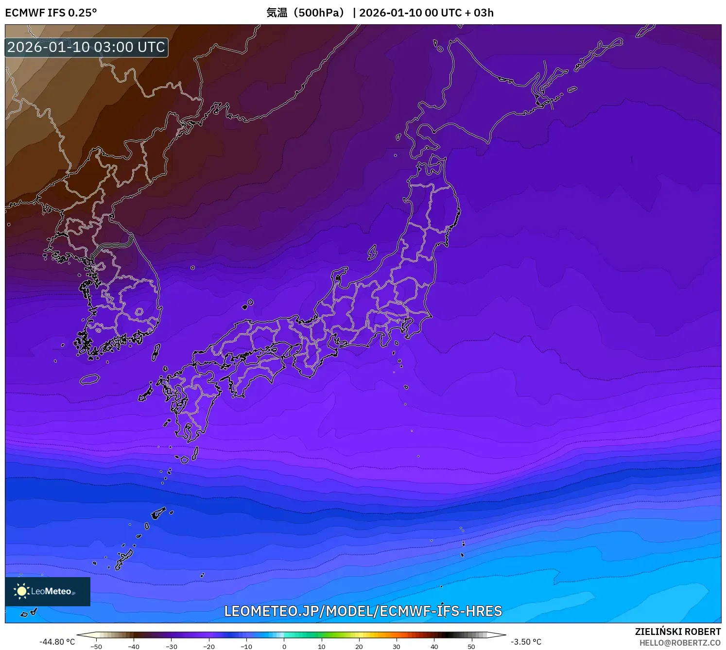 ECMWF IFS 0.25° model - 日本, 気温（500hPa）