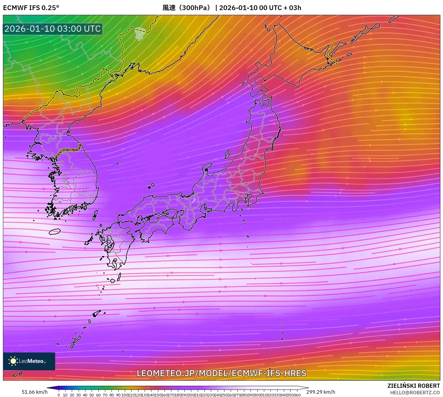 ECMWF IFS 0.25° model - 日本, 風速（300hPa）