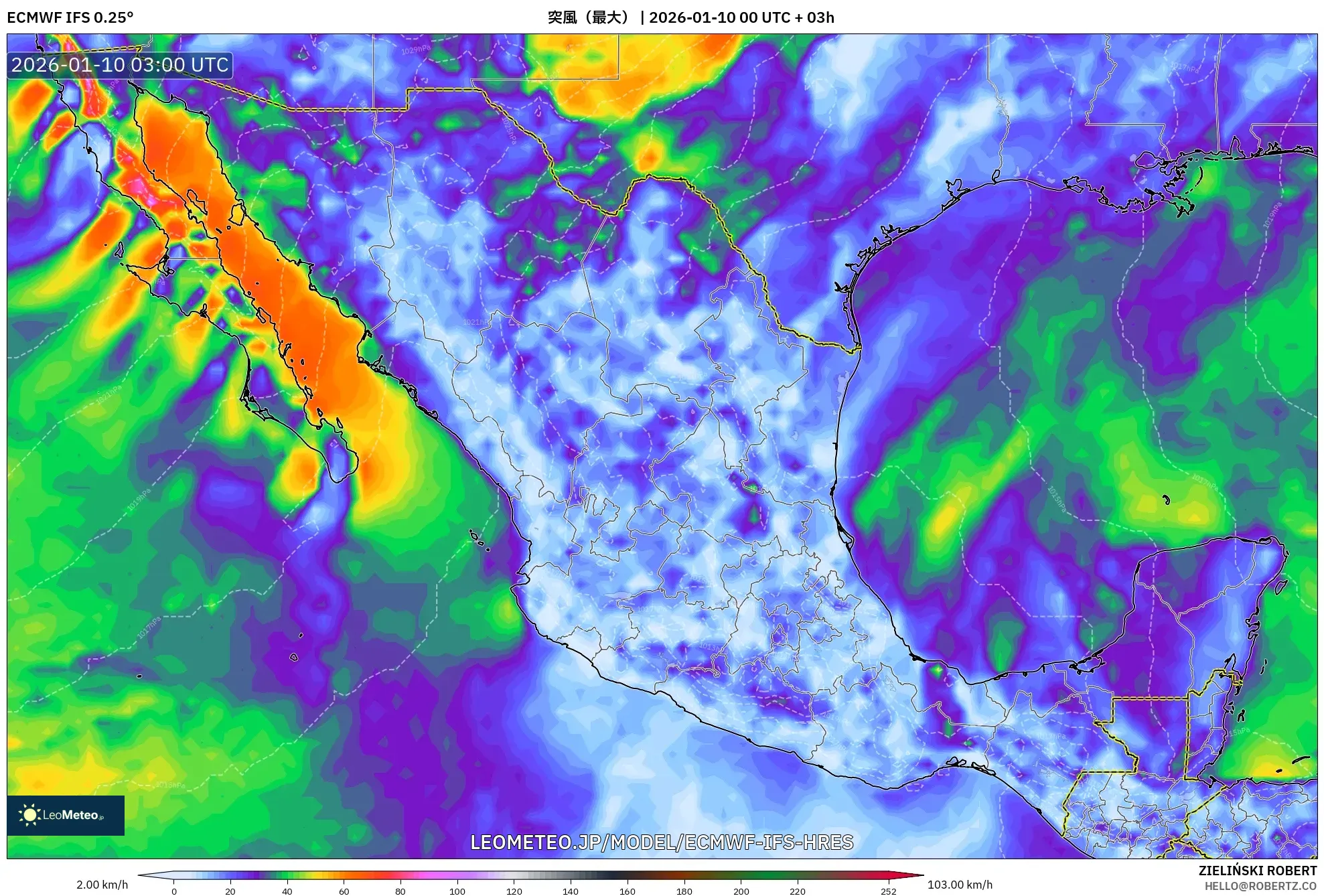 ECMWF IFS 0.25° model - メキシコ, 突風（最大）