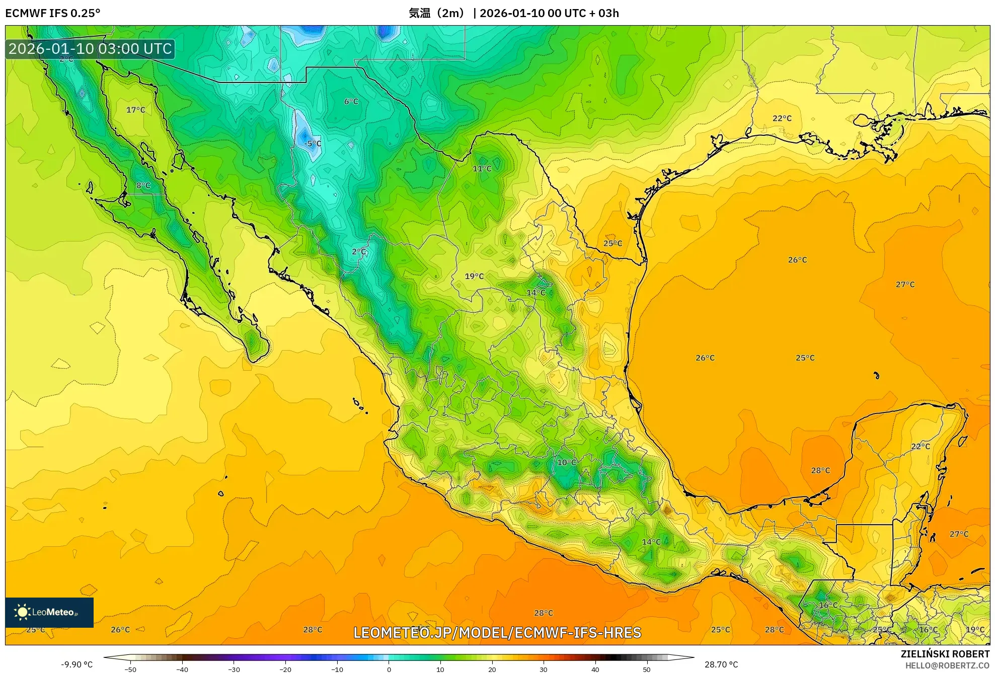 ECMWF IFS 0.25° model - メキシコ, 気温（2m）