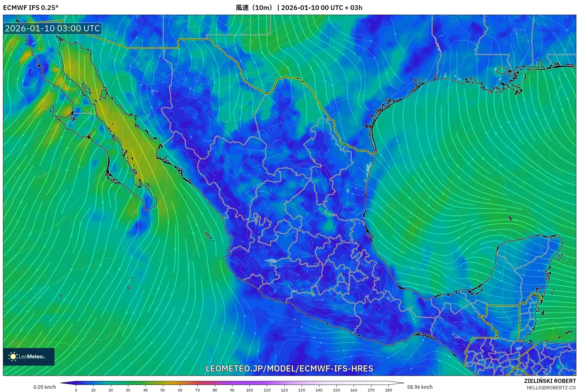 ECMWF IFS 0.25° model - メキシコ, 風速（10m）