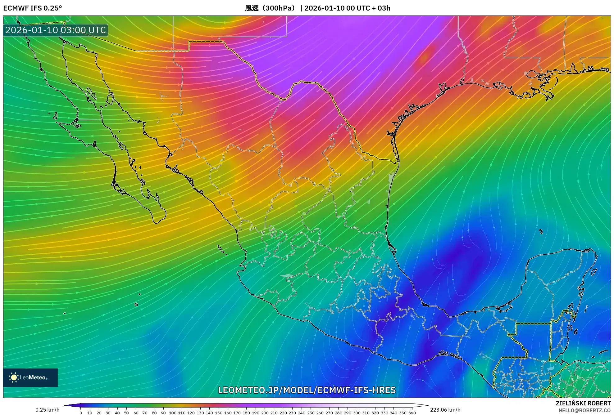 ECMWF IFS 0.25° model - メキシコ, 風速（300hPa）