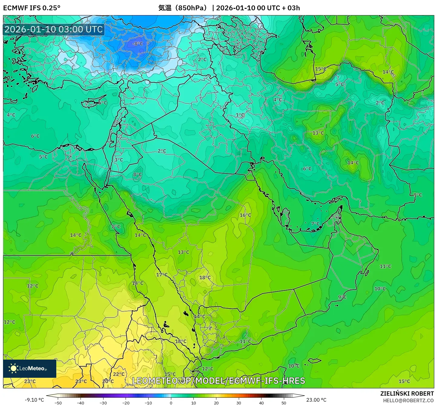 ECMWF IFS 0.25° model - 中東, 気温（850hPa）