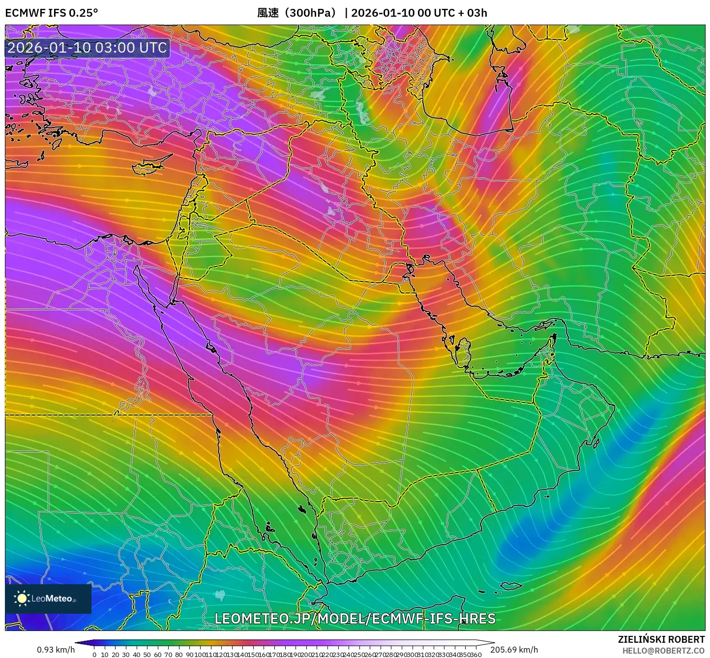 ECMWF IFS 0.25° model - 中東, 風速（300hPa）