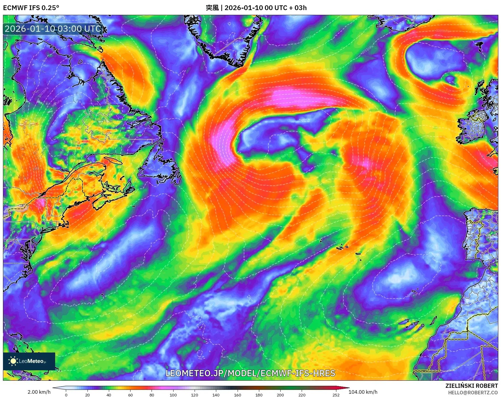 ECMWF IFS 0.25° model - 北大西洋, 突風