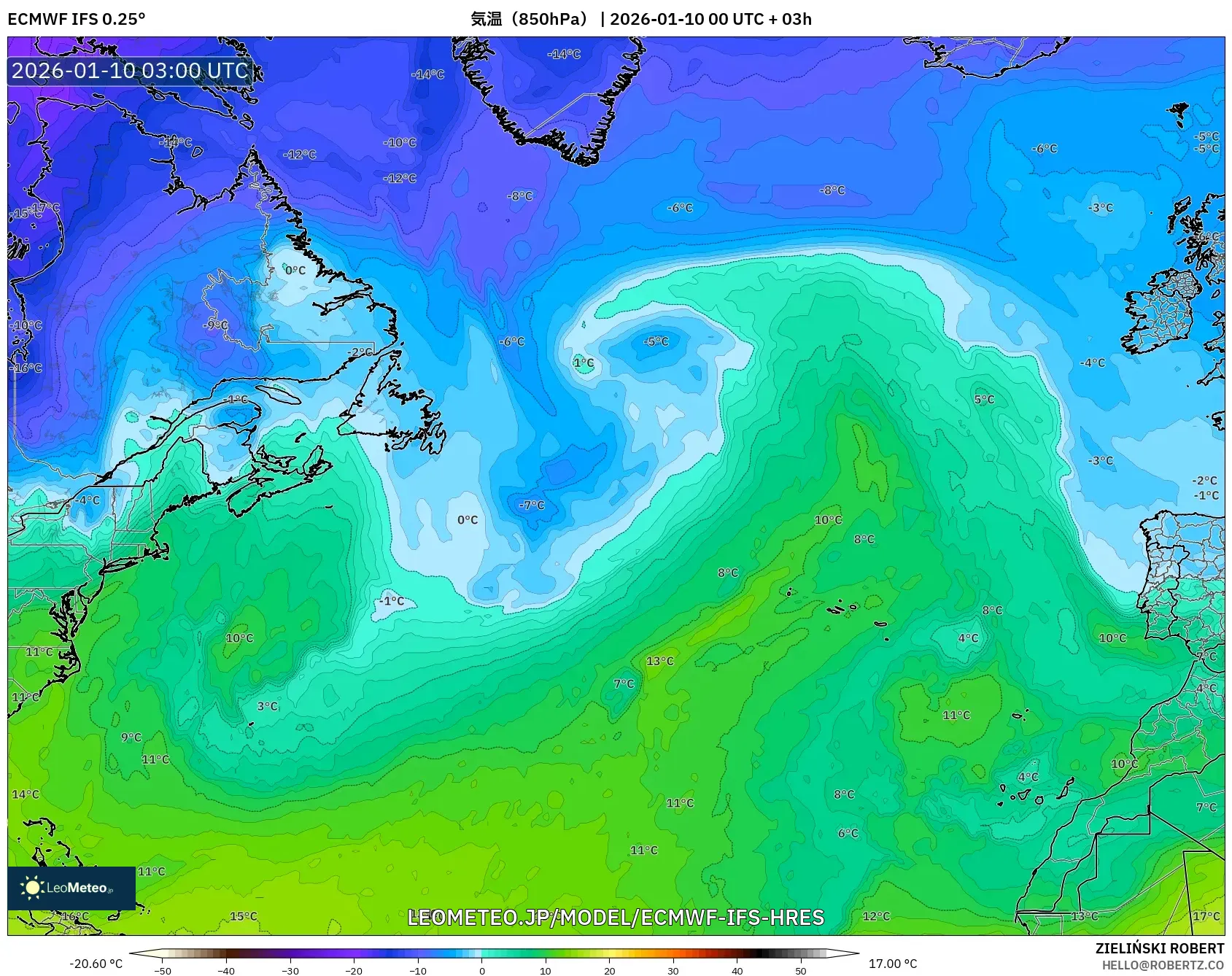 ECMWF IFS 0.25° model - 北大西洋, 気温（850hPa）