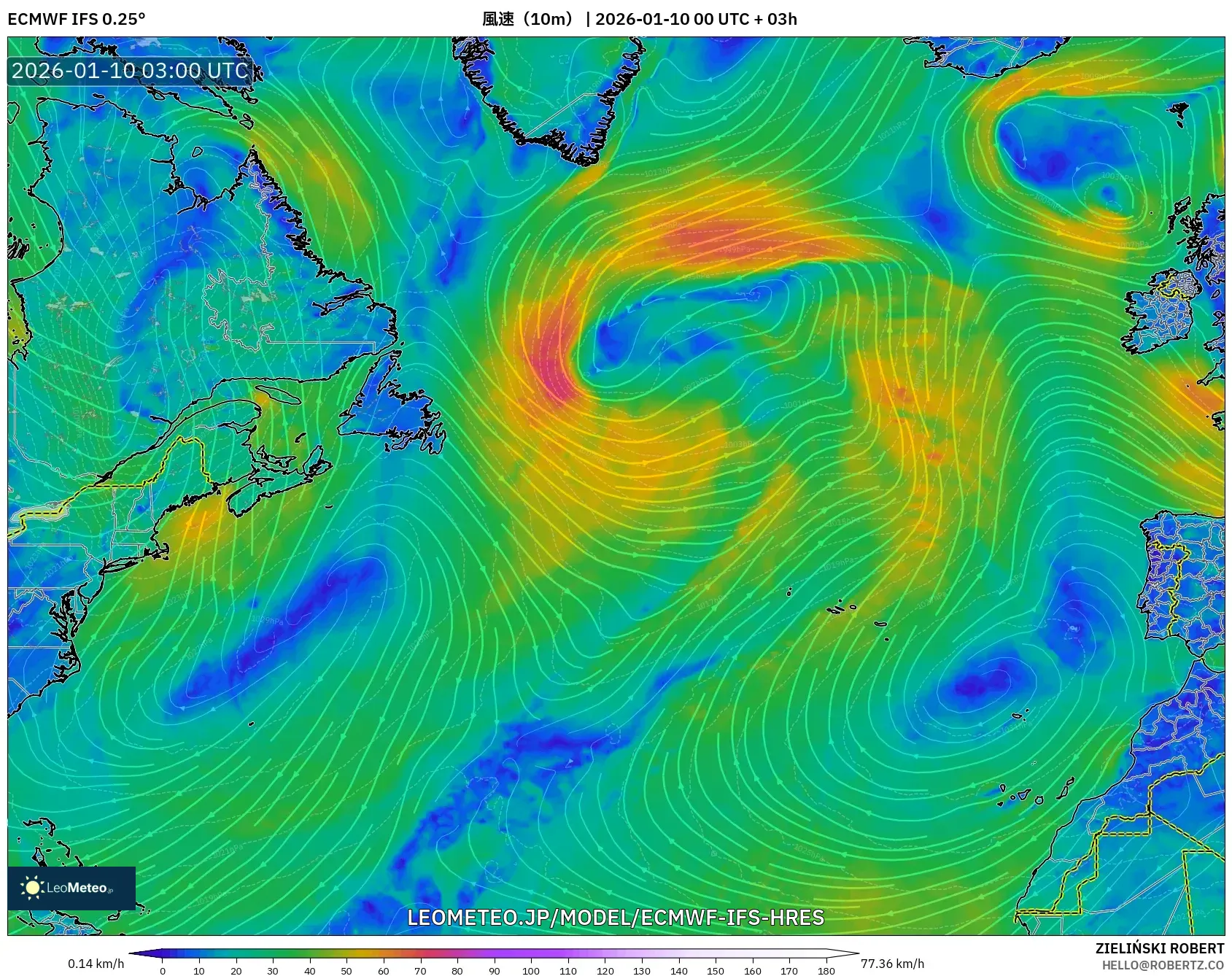 ECMWF IFS 0.25° model - 北大西洋, 風速（10m）