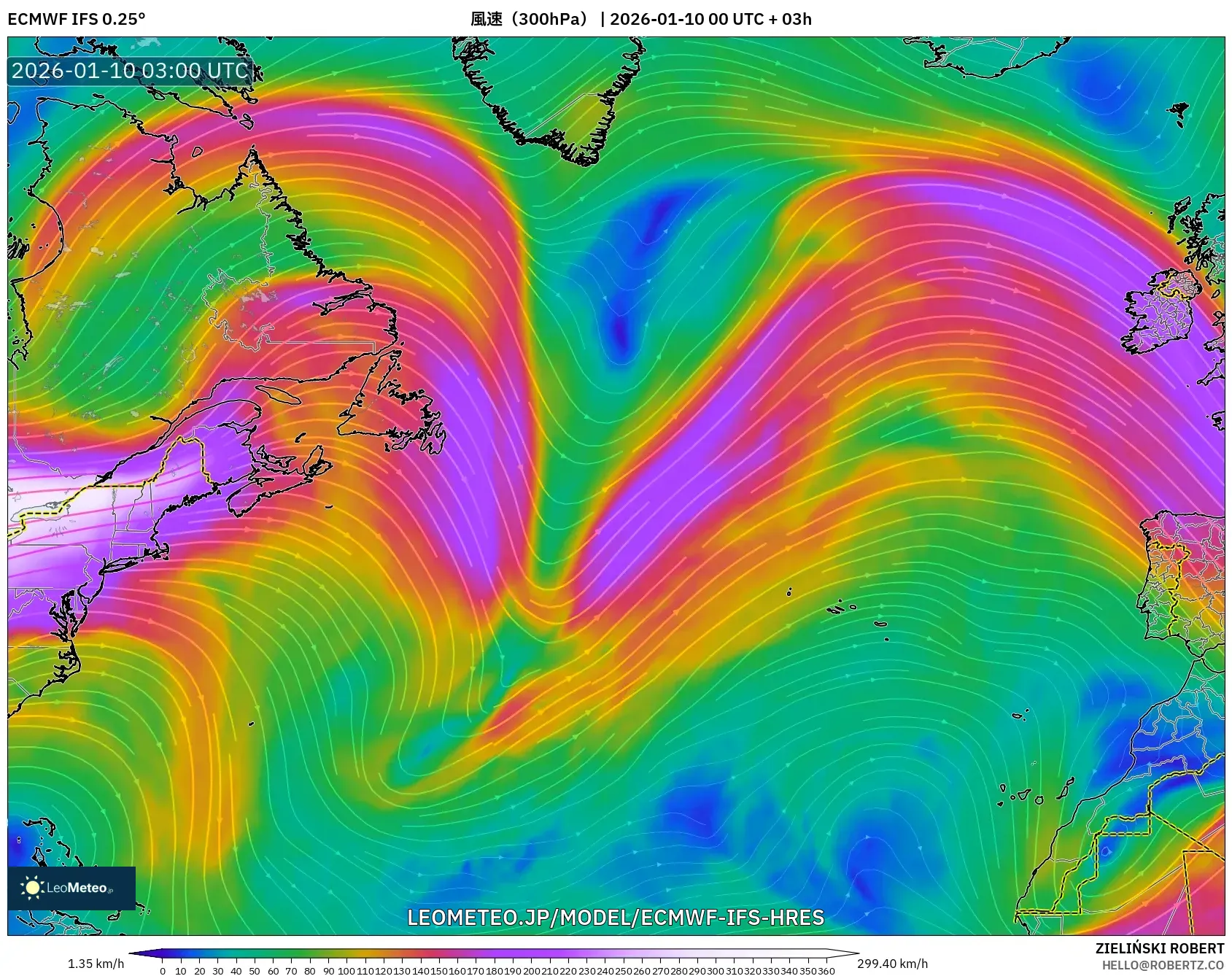 ECMWF IFS 0.25° model - 北大西洋, 風速（300hPa）