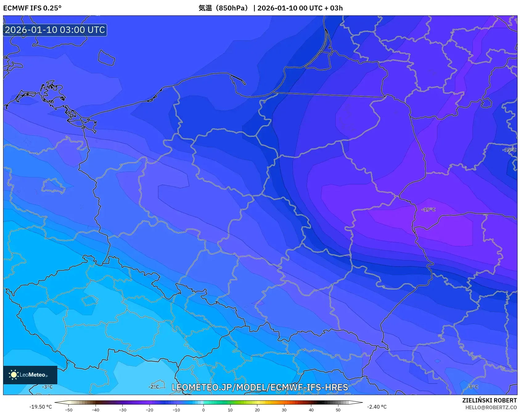 ECMWF IFS 0.25° model - ポーランド, 気温（850hPa）