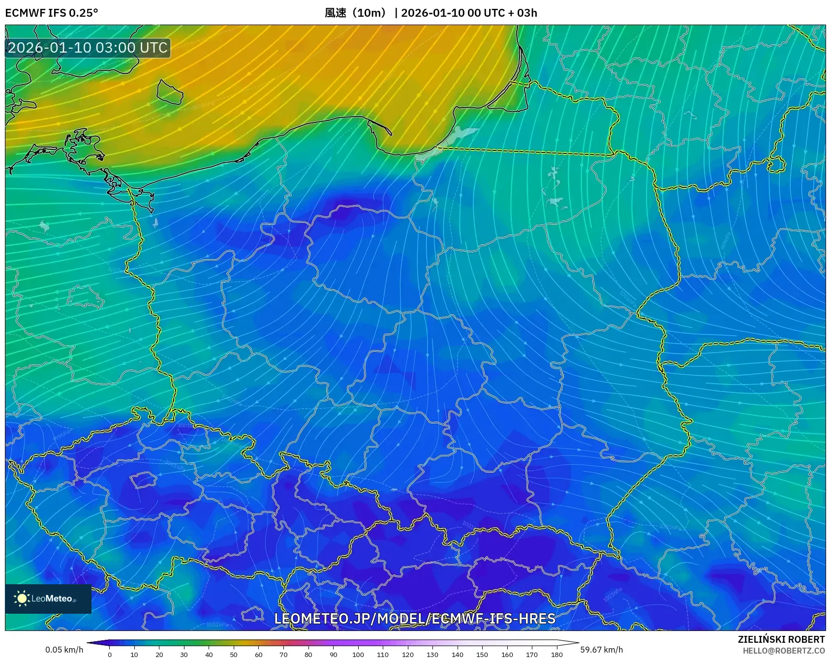 ECMWF IFS 0.25° model - ポーランド, 風速（10m）