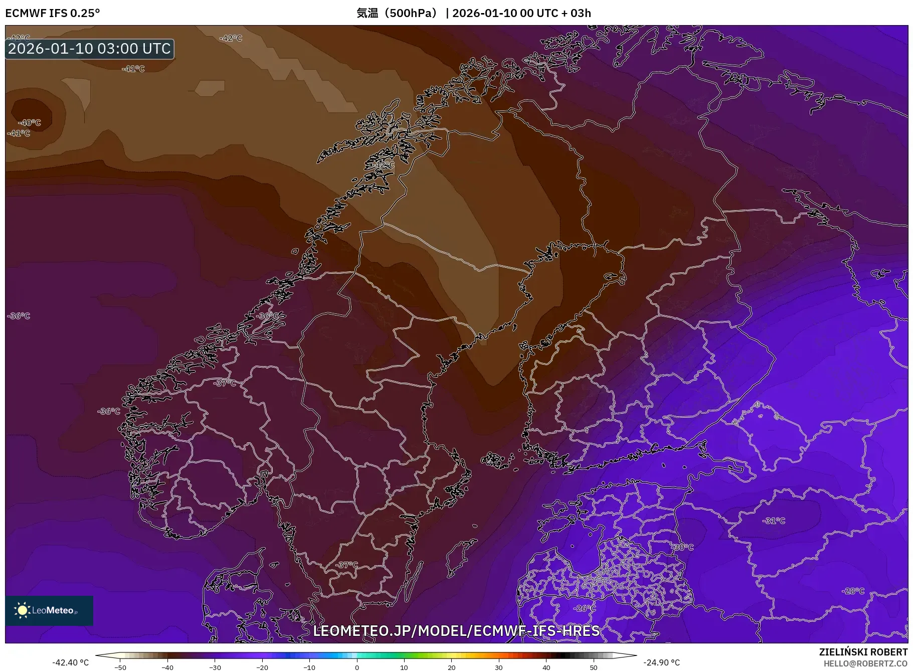 ECMWF IFS 0.25° model - スカンジナビア, 気温（500hPa）
