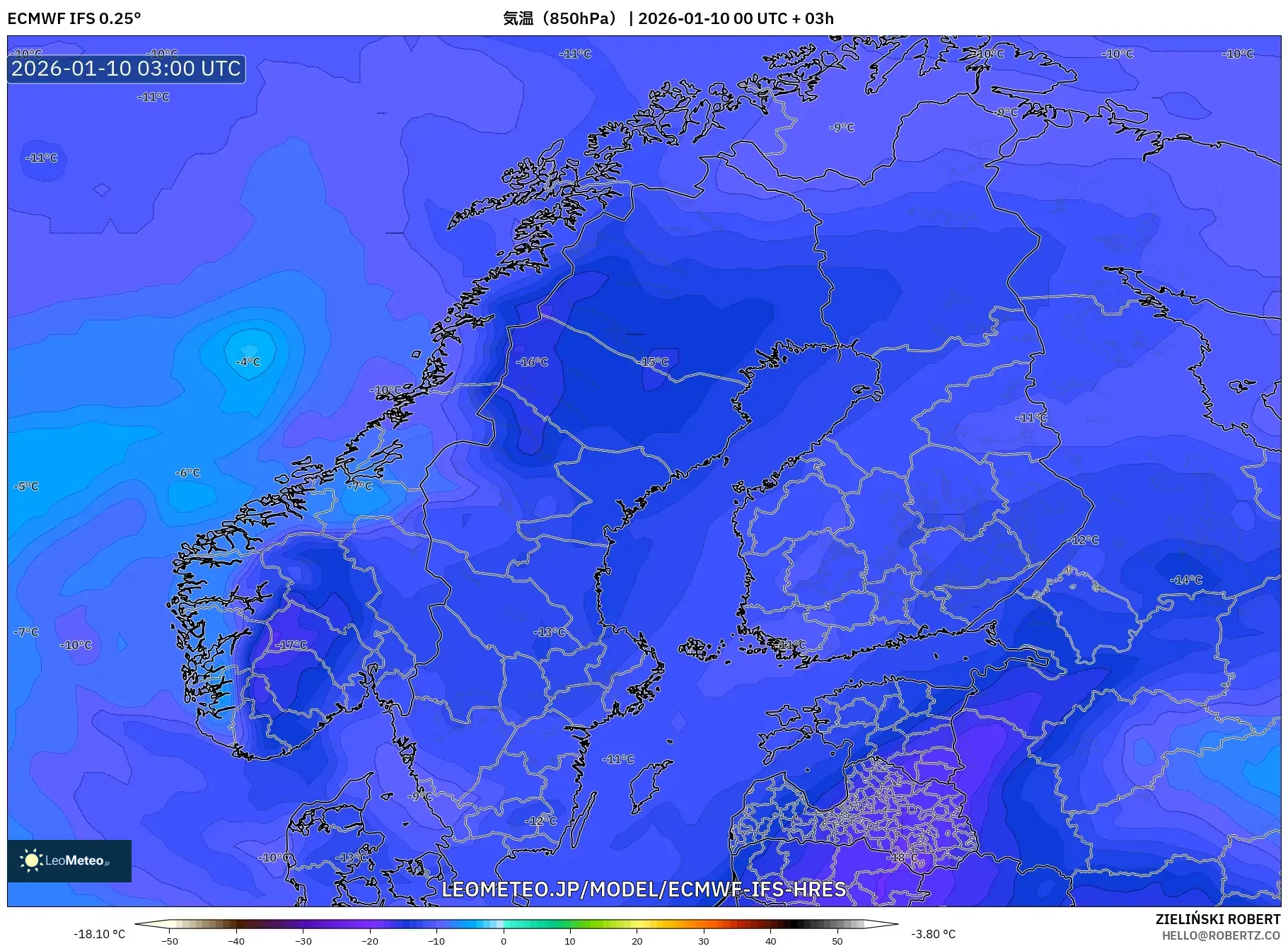 ECMWF IFS 0.25° model - スカンジナビア, 気温（850hPa）