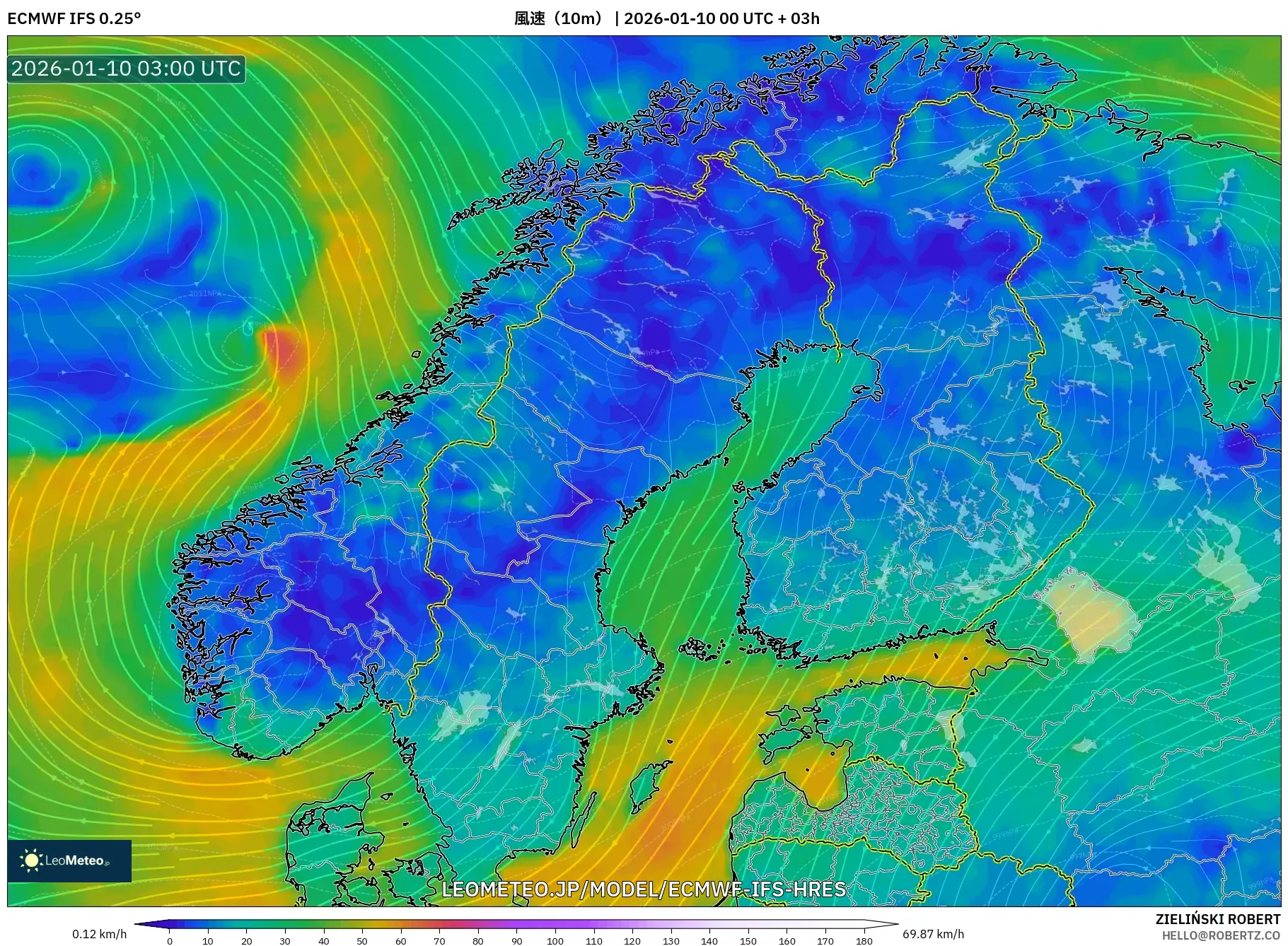 ECMWF IFS 0.25° model - スカンジナビア, 風速（10m）