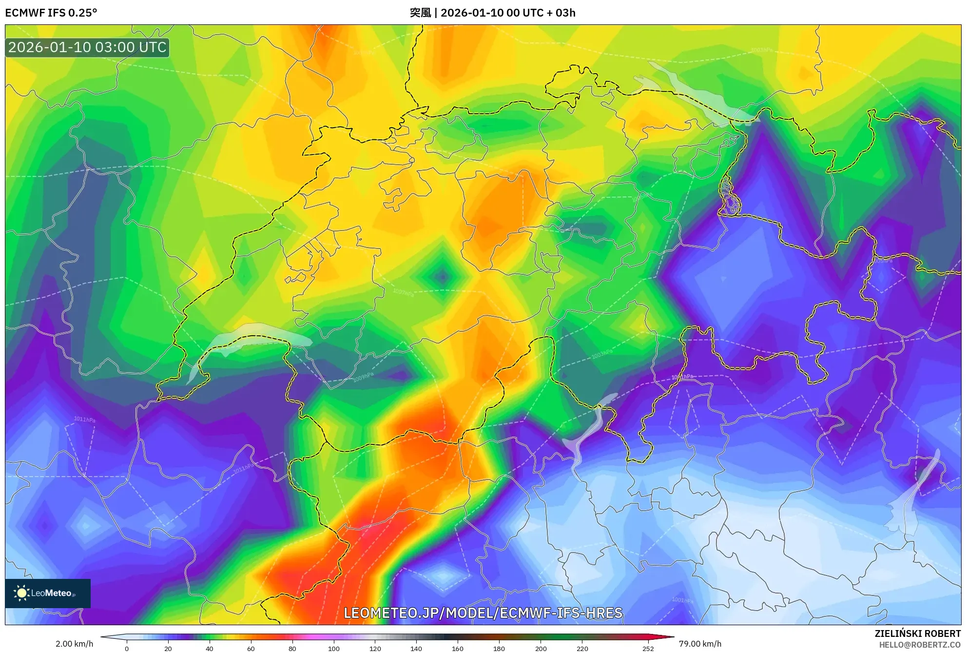 ECMWF IFS 0.25° model - スイス, 突風