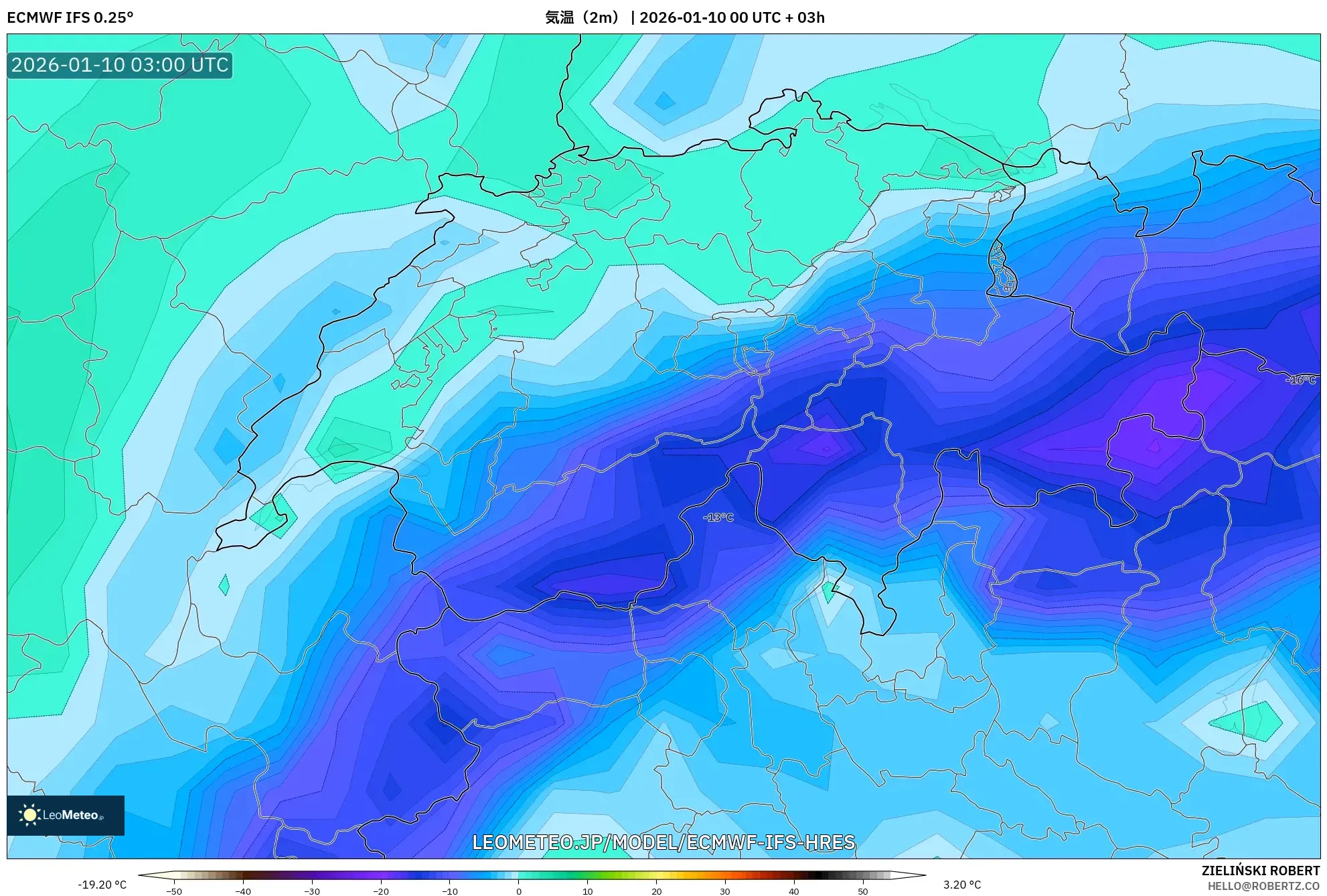 ECMWF IFS 0.25° model - スイス, 気温（2m）