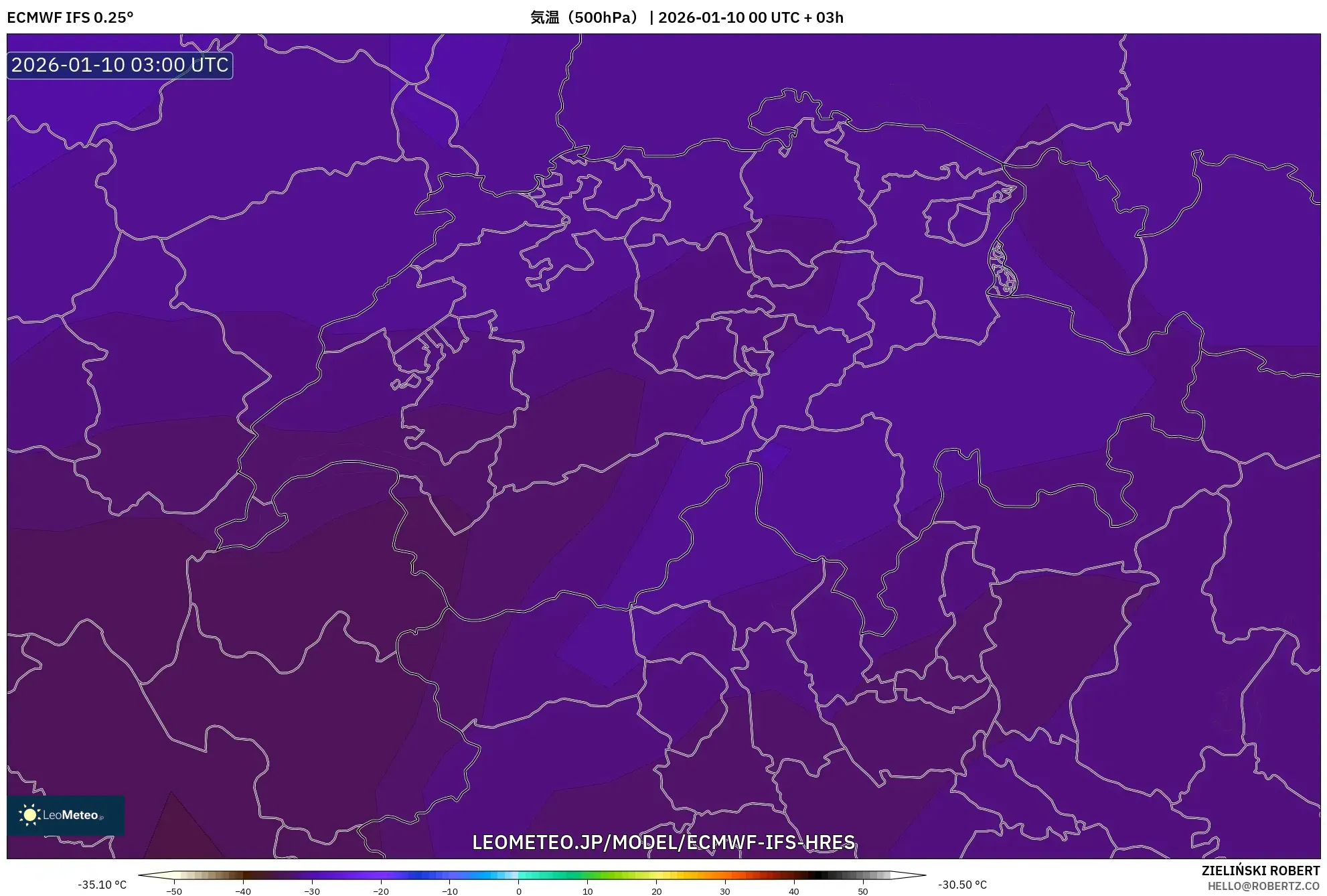 ECMWF IFS 0.25° model - スイス, 気温（500hPa）