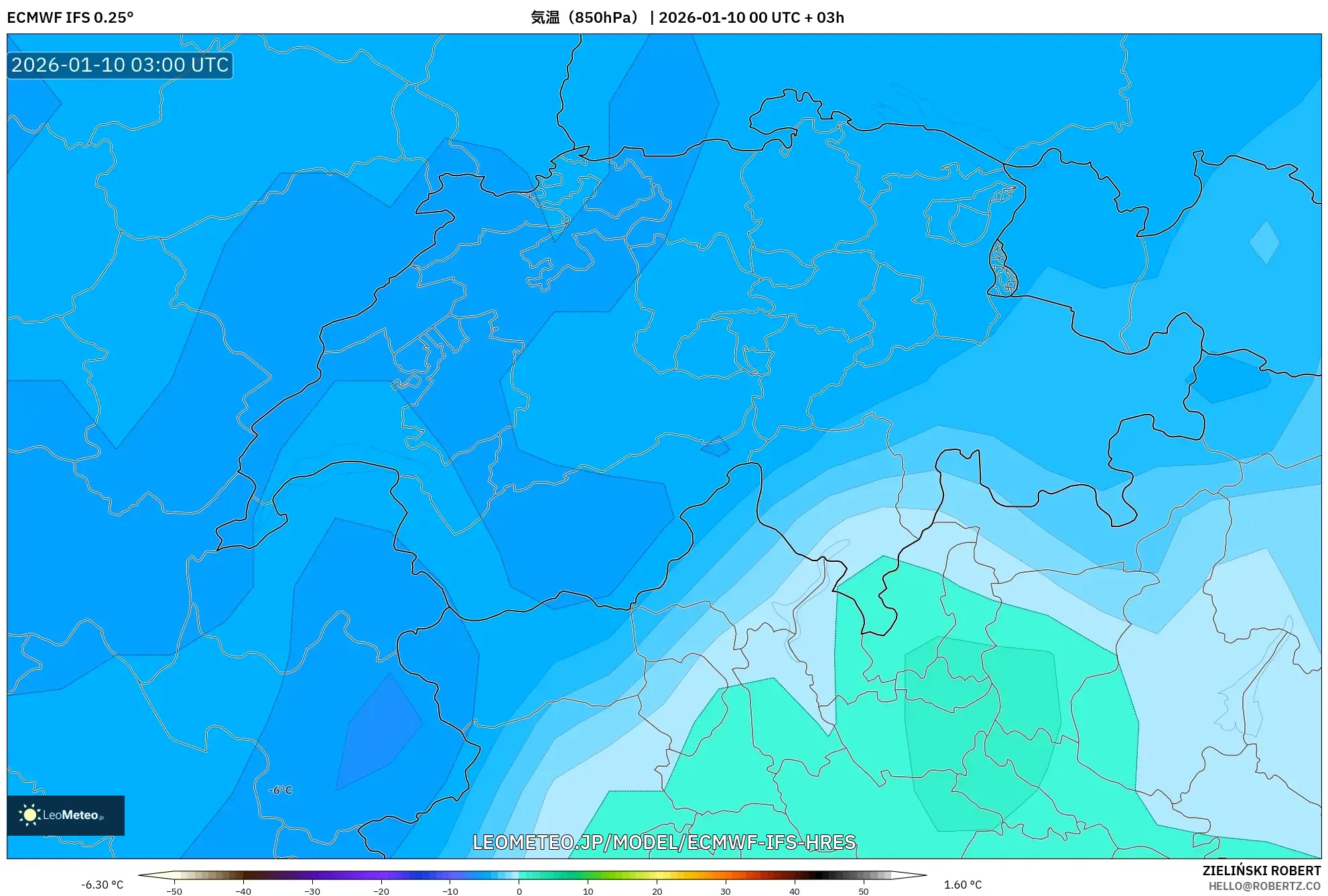 ECMWF IFS 0.25° model - スイス, 気温（850hPa）