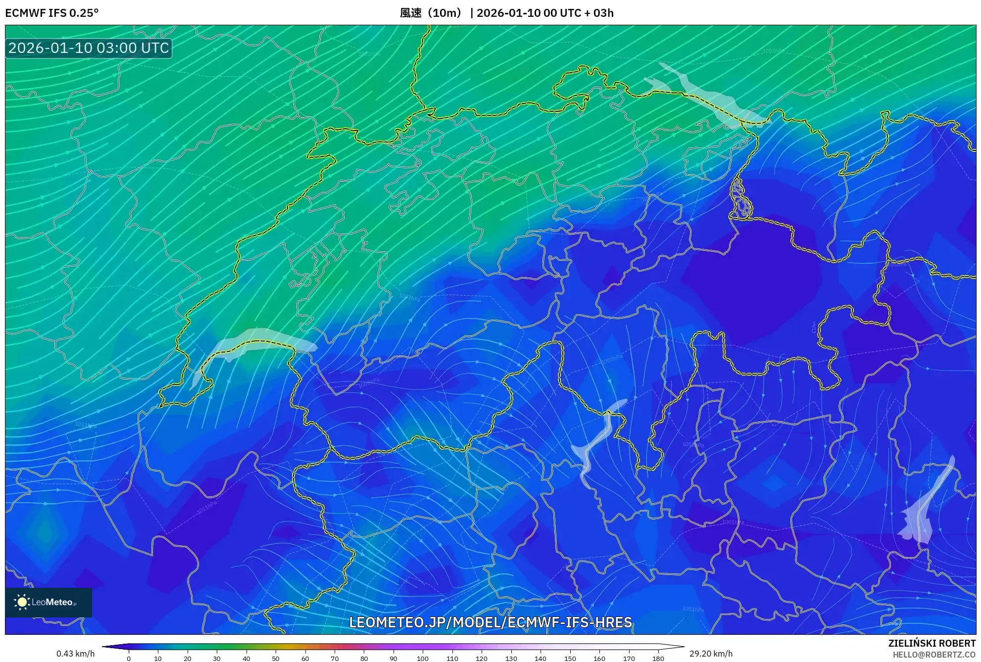 ECMWF IFS 0.25° model - スイス, 風速（10m）