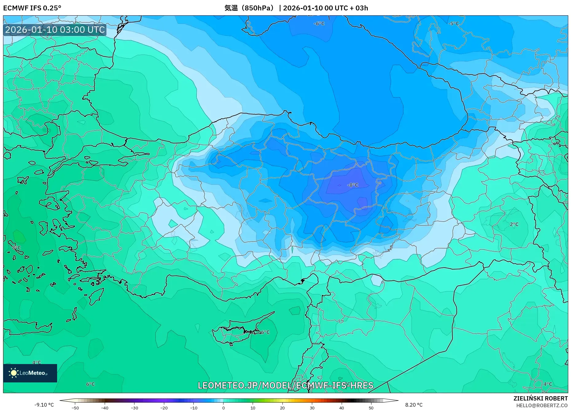 ECMWF IFS 0.25° model - トルコ, 気温（850hPa）