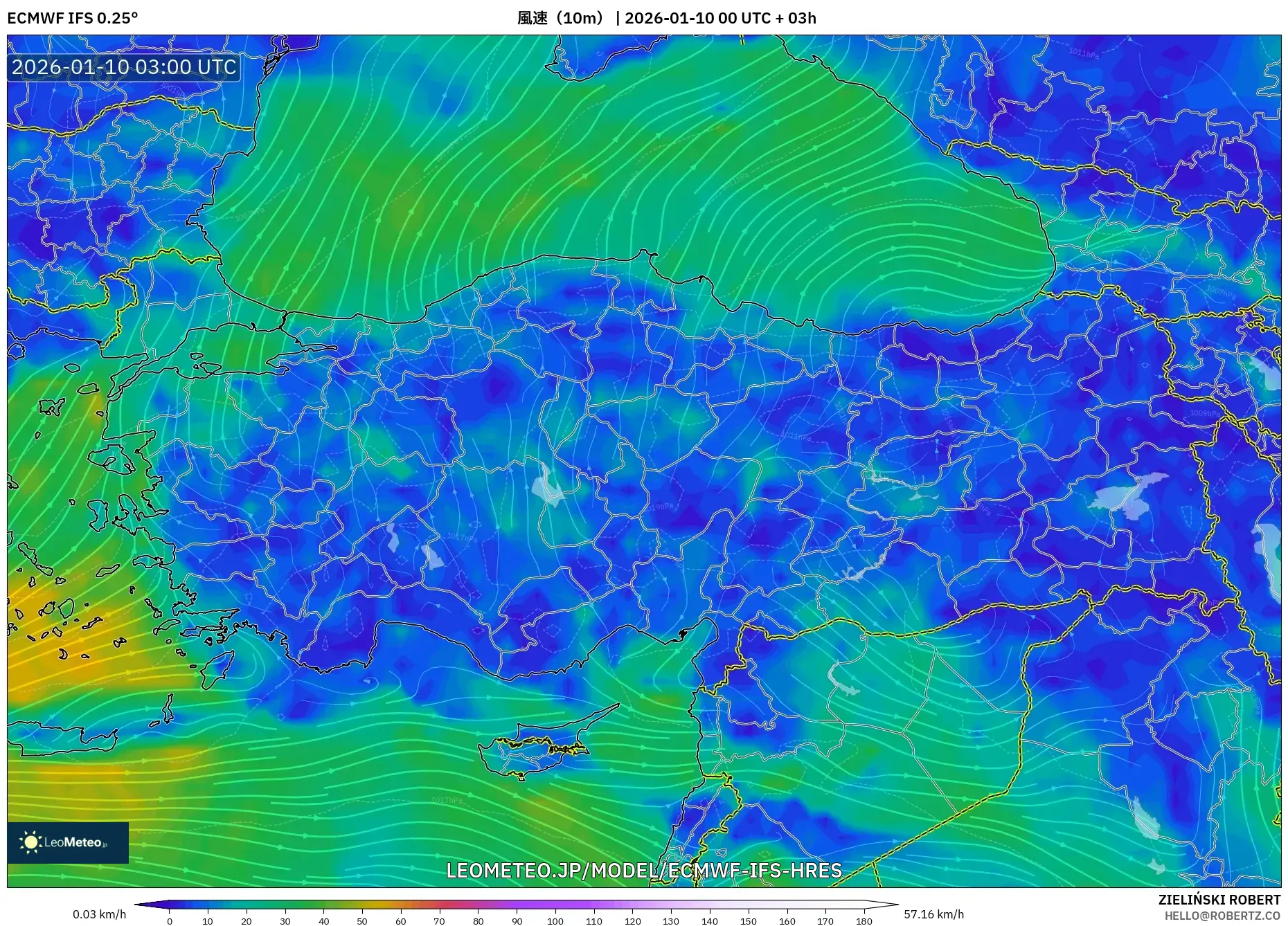 ECMWF IFS 0.25° model - トルコ, 風速（10m）