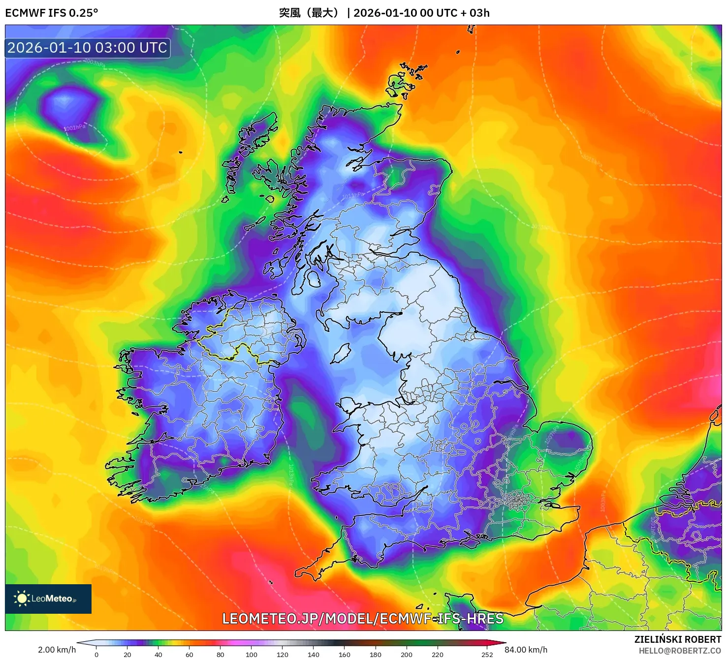 ECMWF IFS 0.25° model - イギリス, 突風（最大）