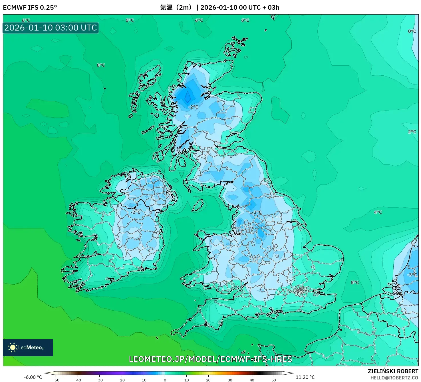 ECMWF IFS 0.25° model - イギリス, 気温（2m）