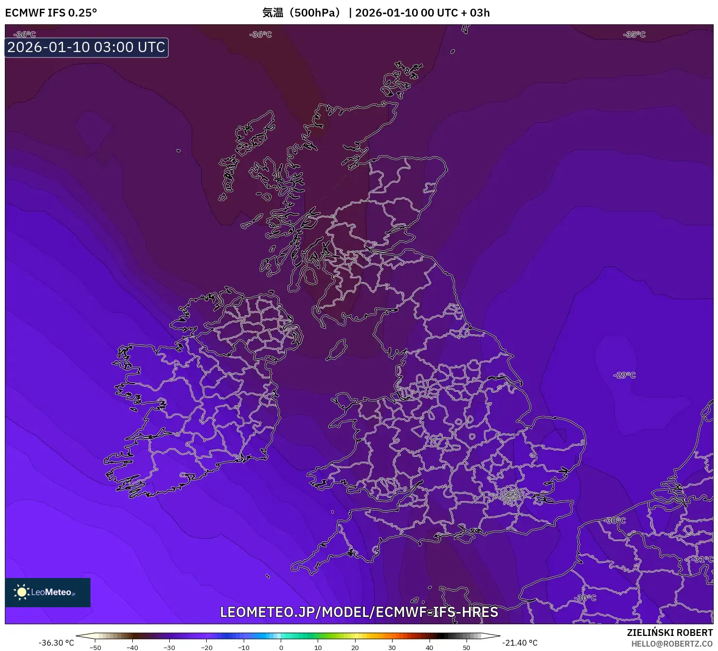 ECMWF IFS 0.25° model - イギリス, 気温（500hPa）