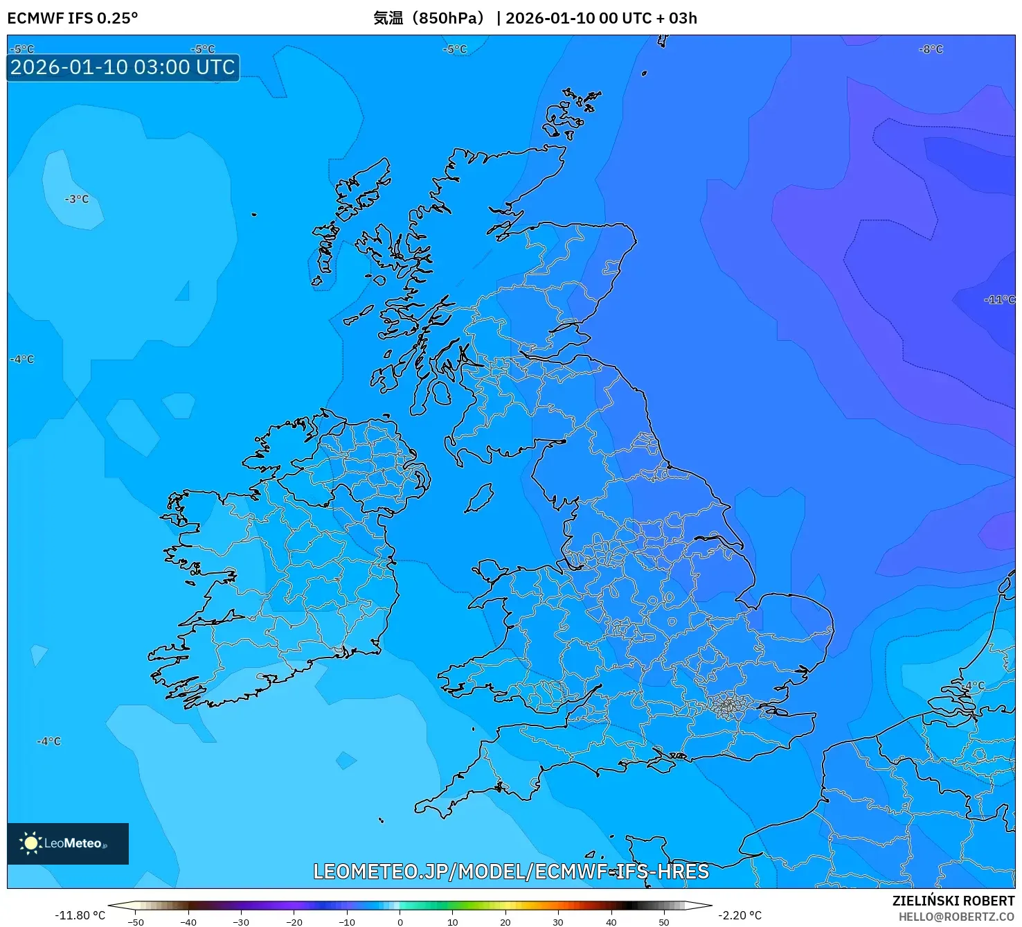 ECMWF IFS 0.25° model - イギリス, 気温（850hPa）