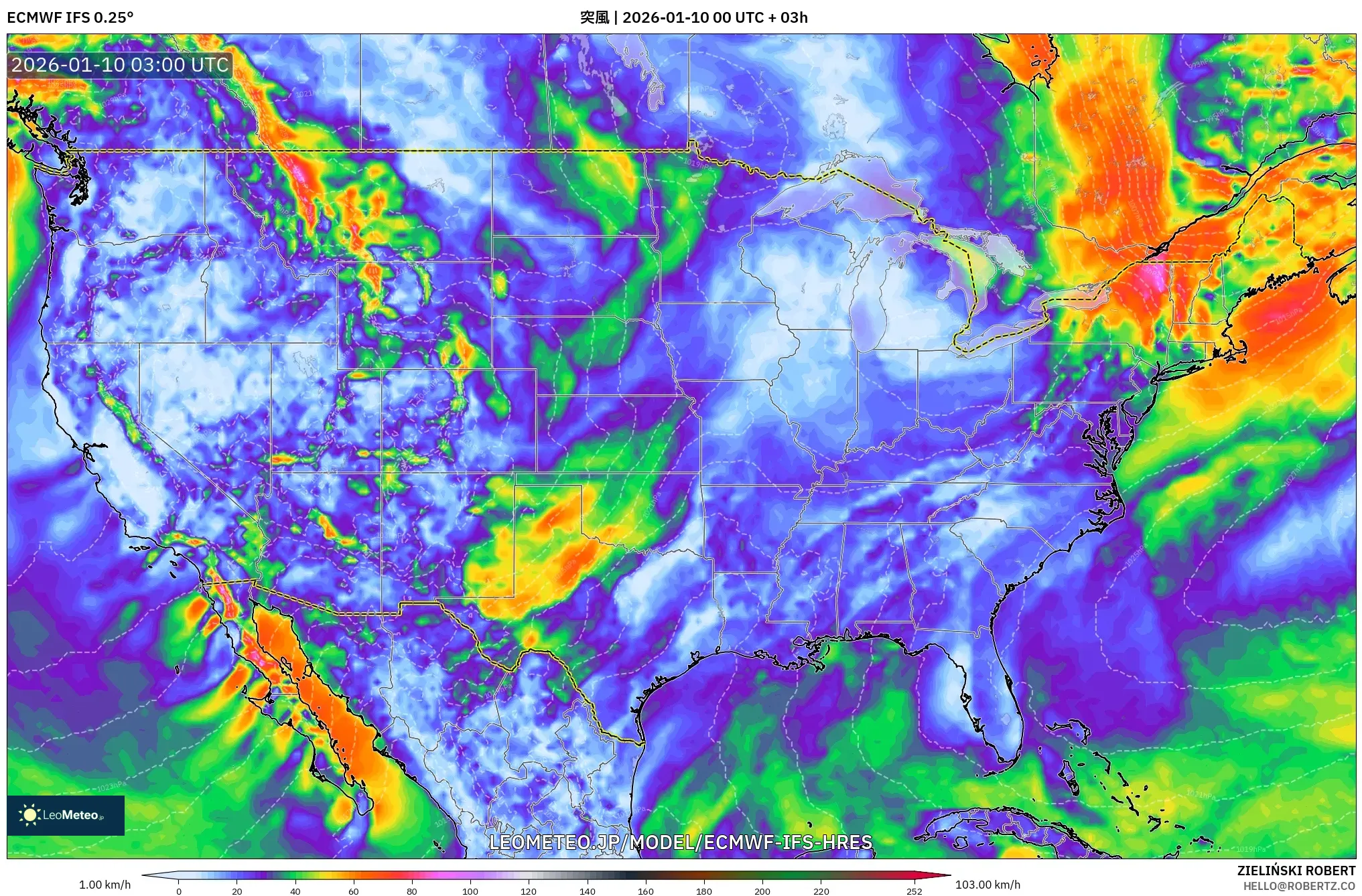 ECMWF IFS 0.25° model - アメリカ合衆国, 突風