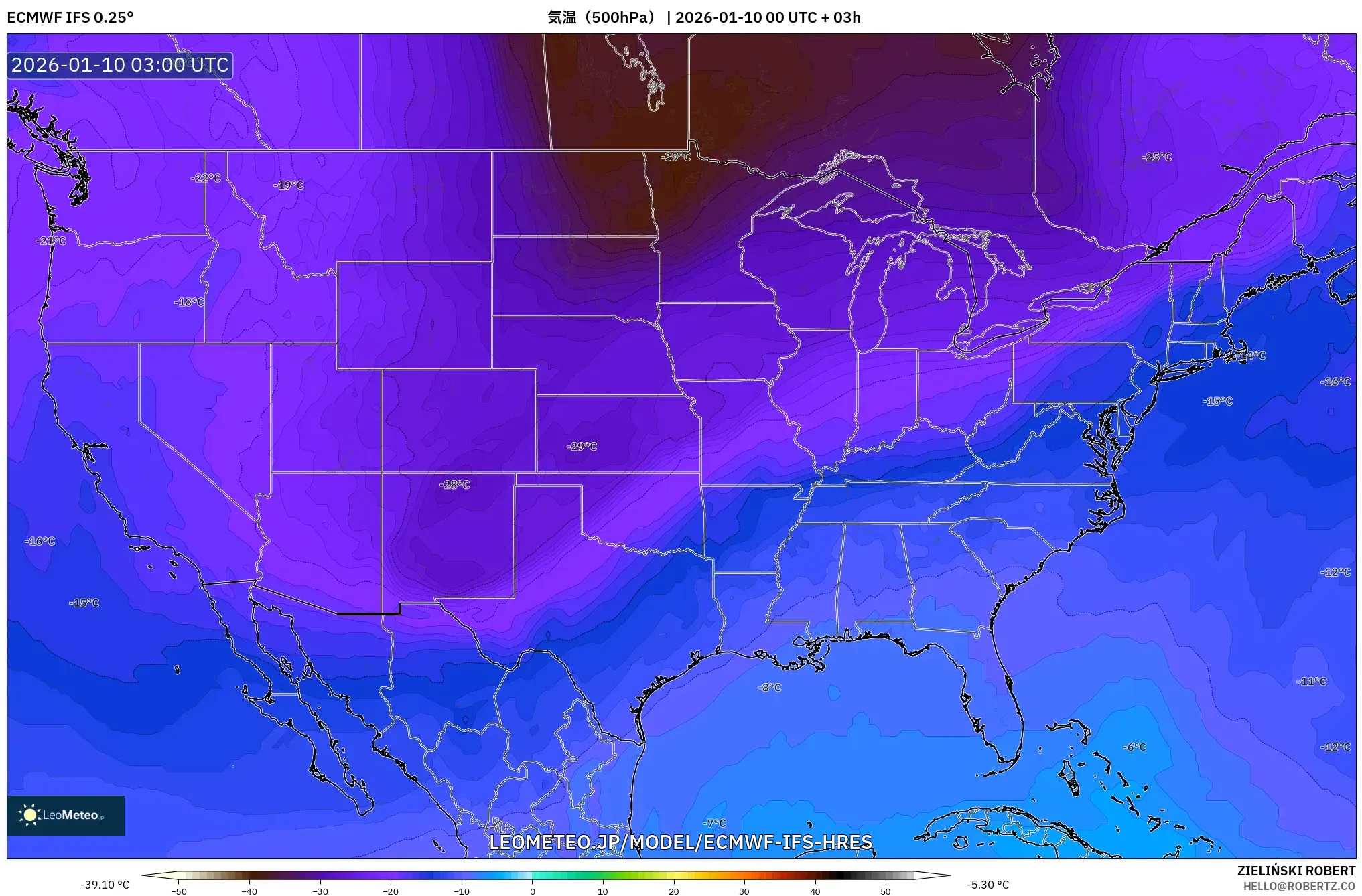 ECMWF IFS 0.25° model - アメリカ合衆国, 気温（500hPa）