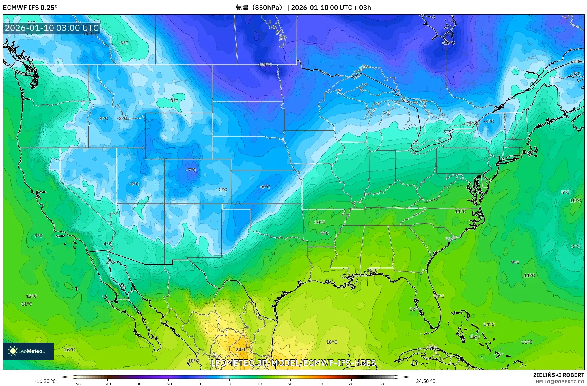 ECMWF IFS 0.25° model - アメリカ合衆国, 気温（850hPa）