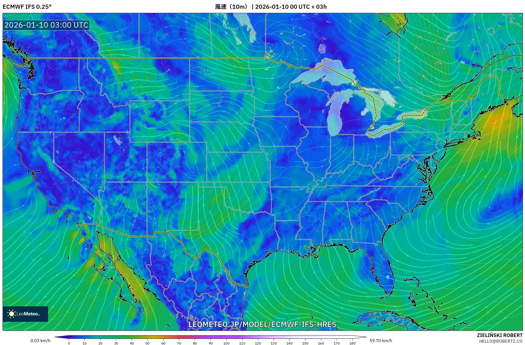 ECMWF IFS 0.25° model - アメリカ合衆国, 風速（10m）