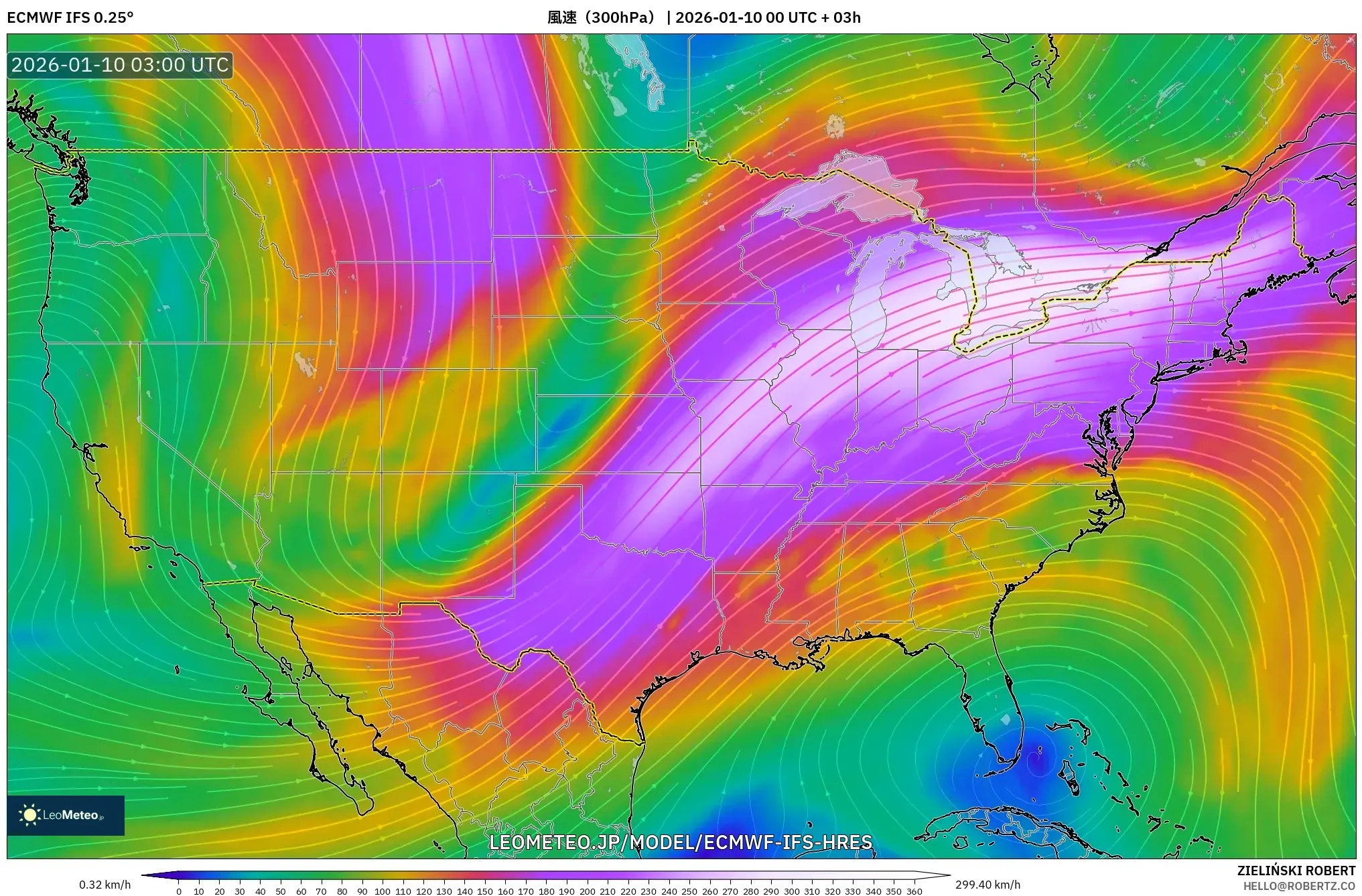 ECMWF IFS 0.25° model - アメリカ合衆国, 風速（300hPa）