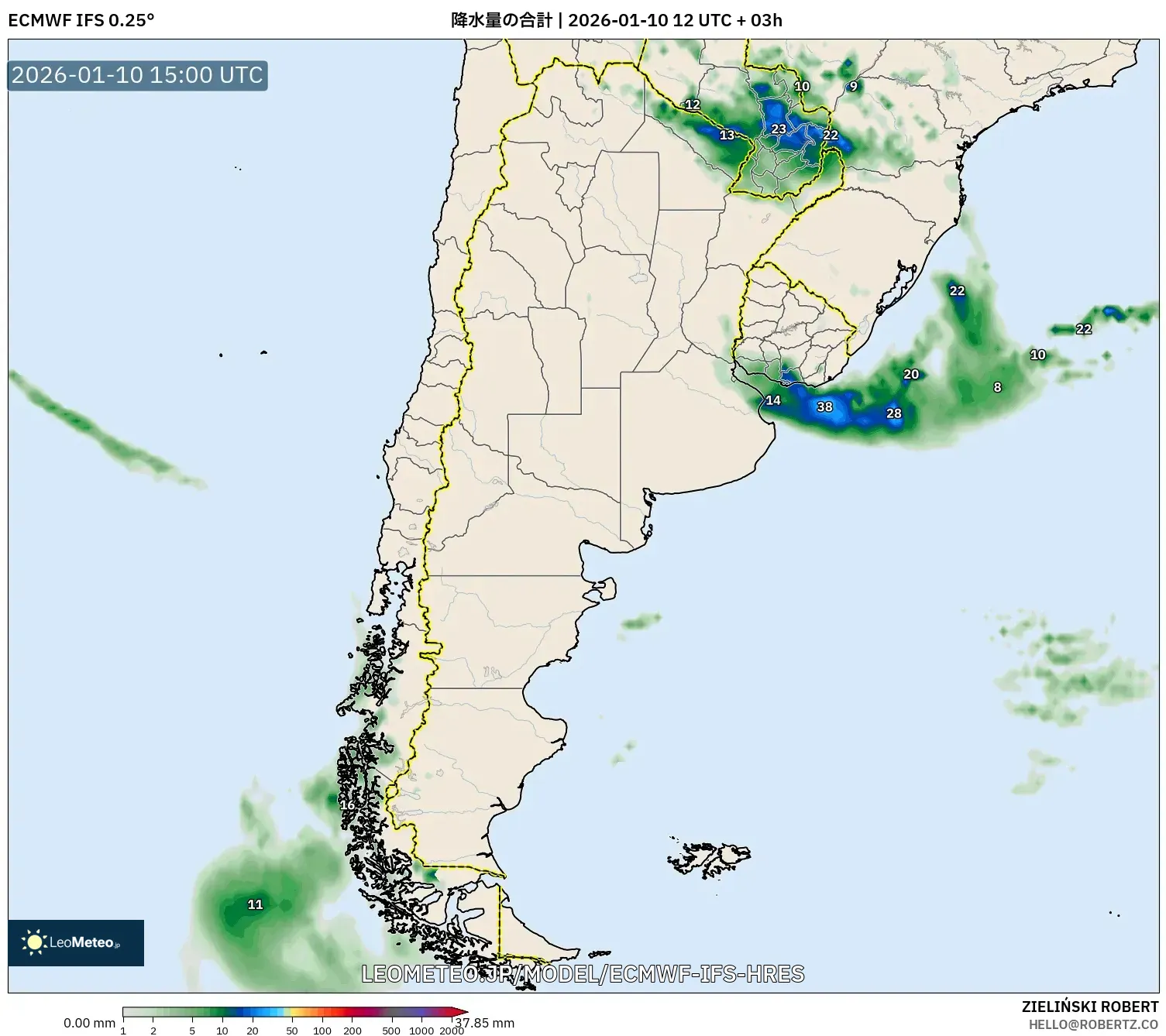 ECMWF IFS 0.25° model - アルゼンチン, 降水量の合計