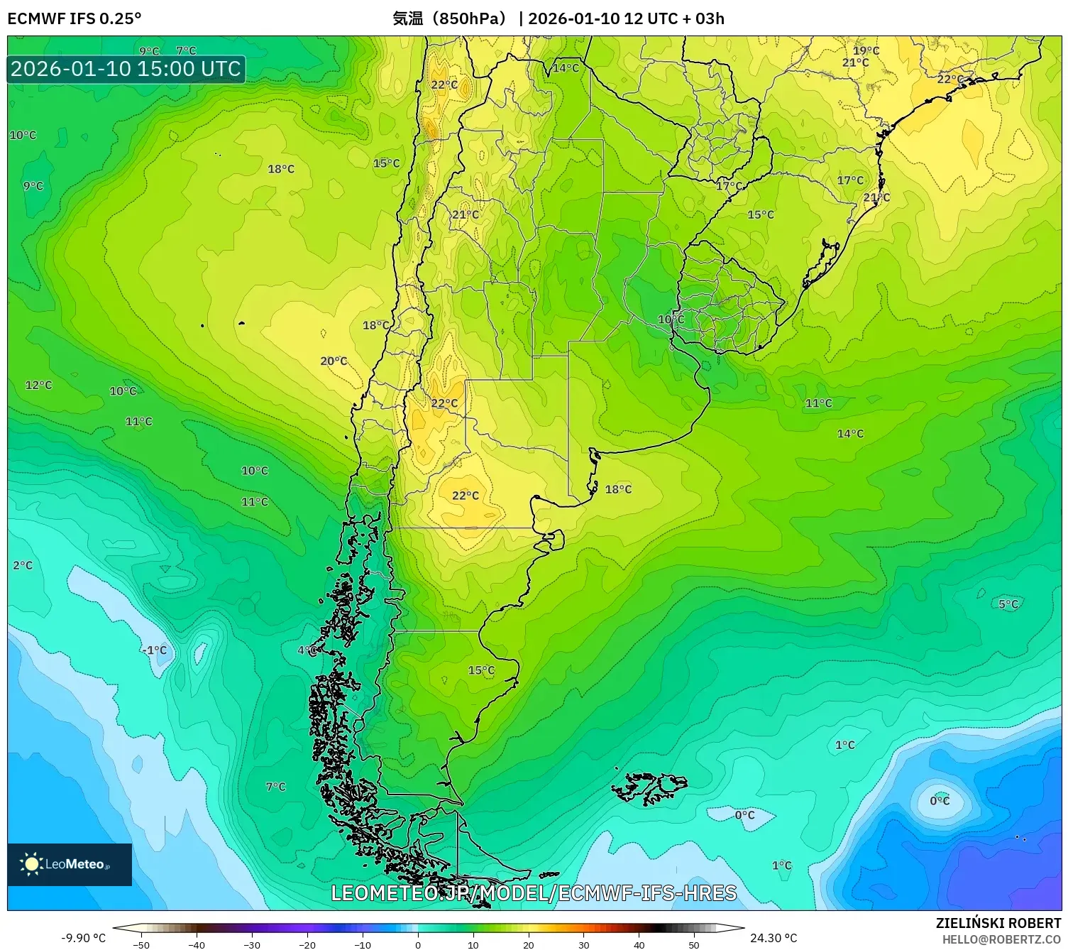 ECMWF IFS 0.25° model - アルゼンチン, 気温（850hPa）