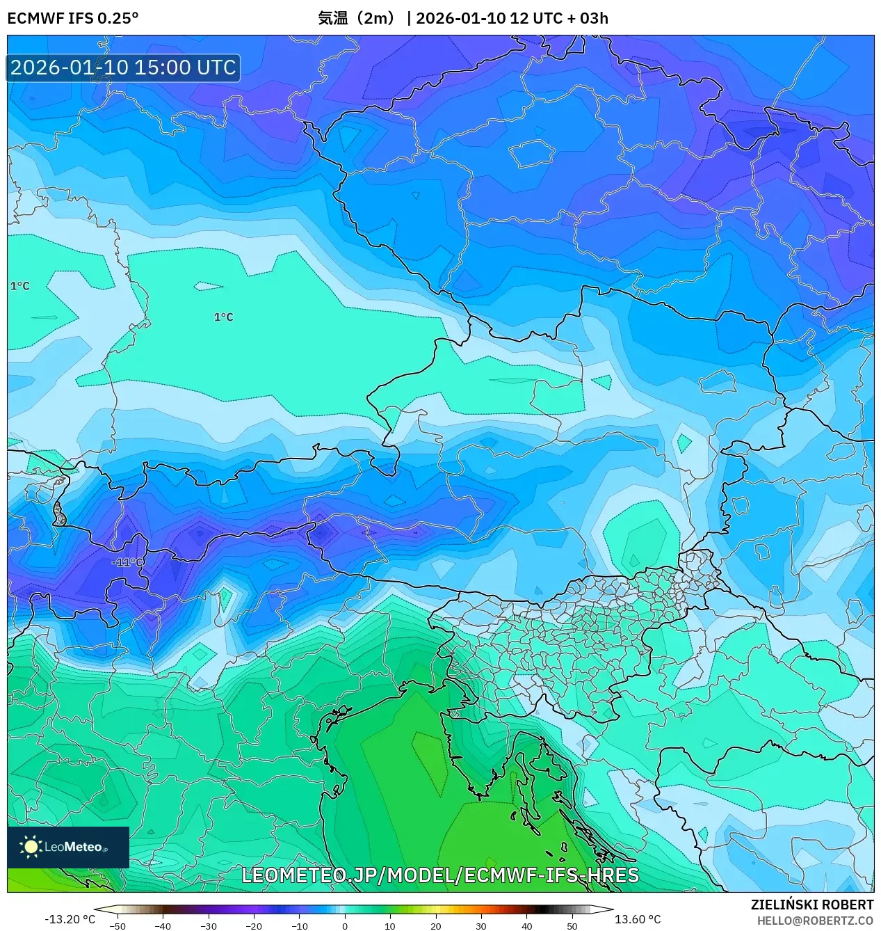 ECMWF IFS 0.25° model - オーストリア, 気温（2m）