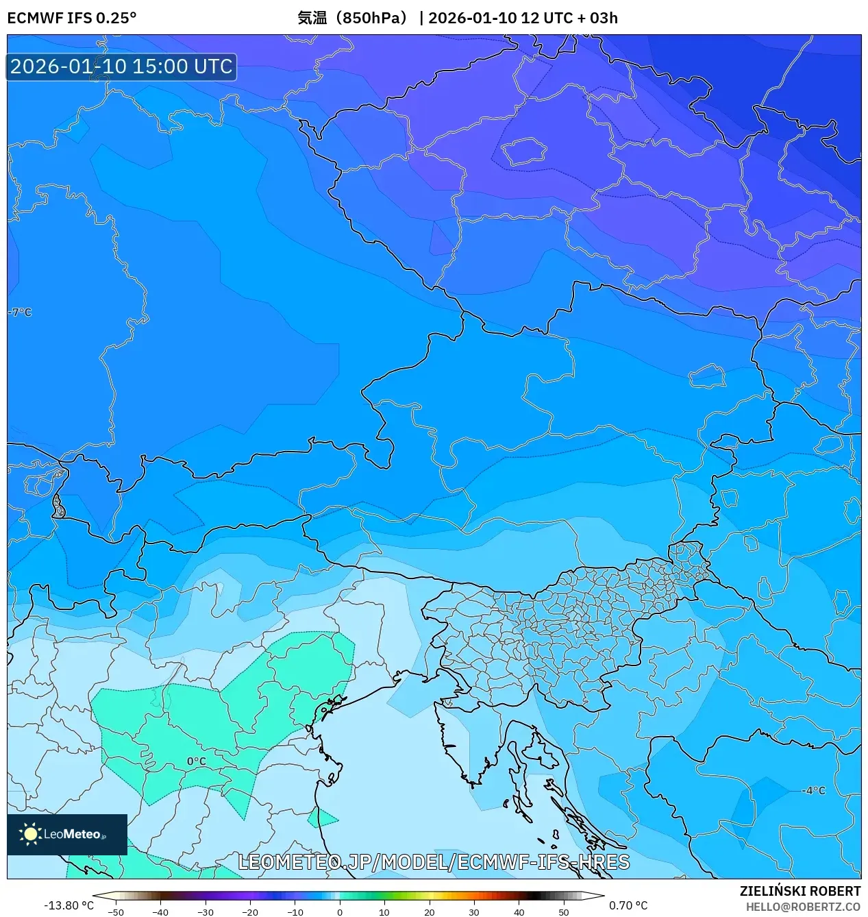 ECMWF IFS 0.25° model - オーストリア, 気温（850hPa）