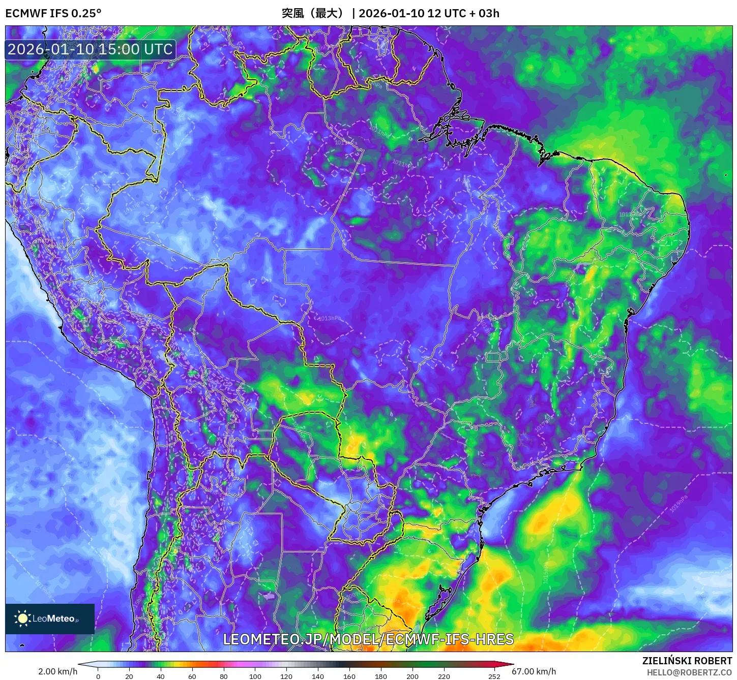 ECMWF IFS 0.25° model - ブラジル, 突風（最大）