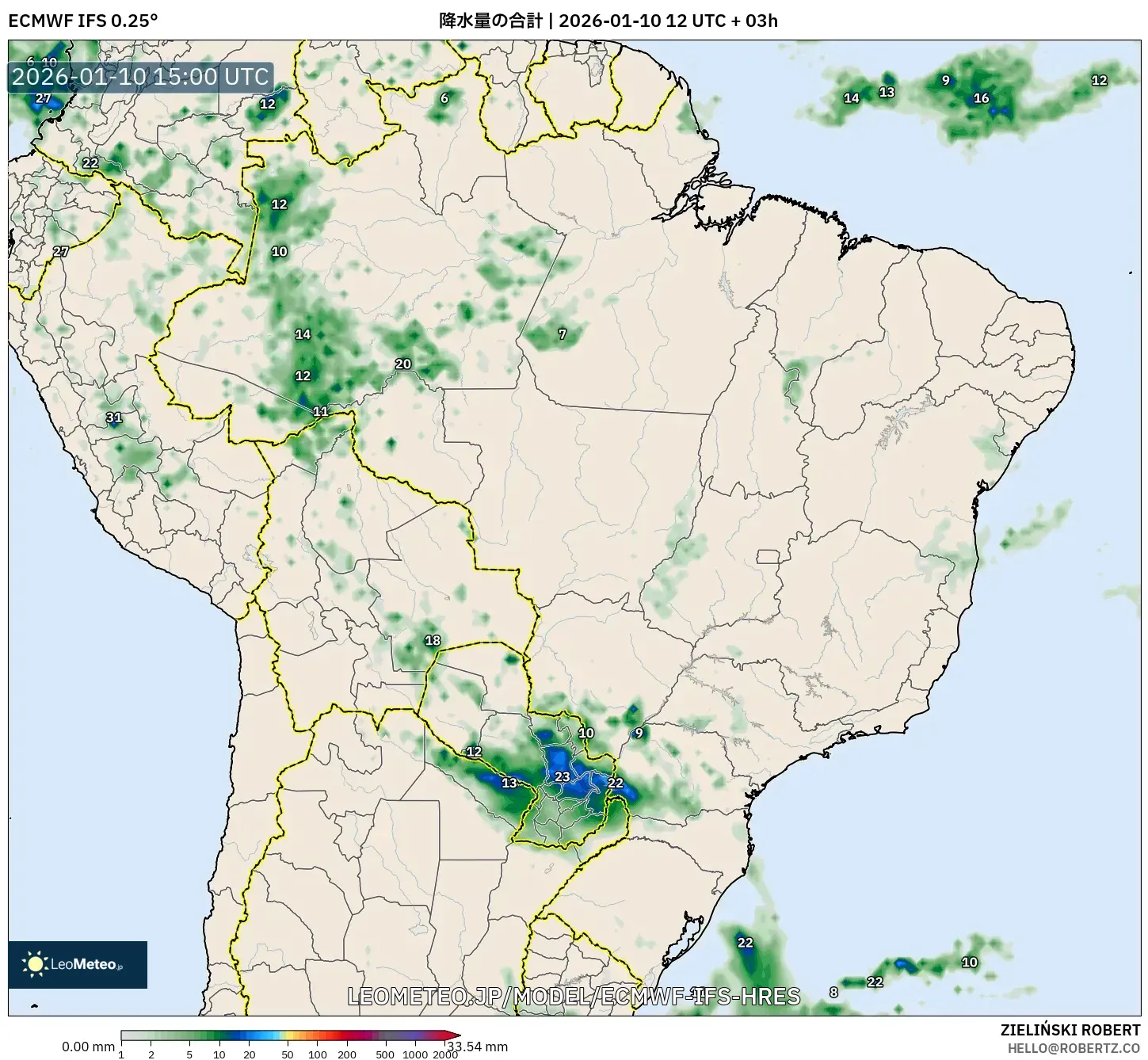 ECMWF IFS 0.25° model - ブラジル, 降水量の合計