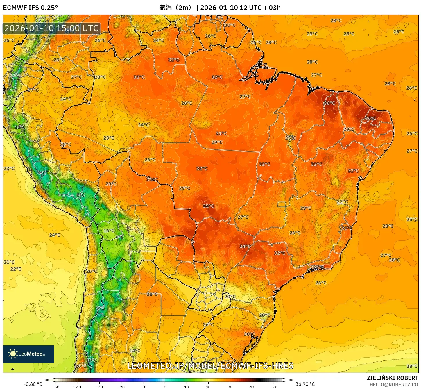 ECMWF IFS 0.25° model - ブラジル, 気温（2m）